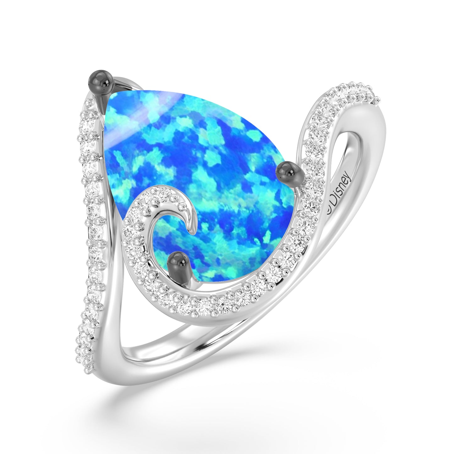 Enchanted Disney Fine Jewelry Sterling Silver and Black Rhodium with 1/5 CTTW Diamonds and Created Pear-Shaped Blue Opal, Disney Princess Moana Ring