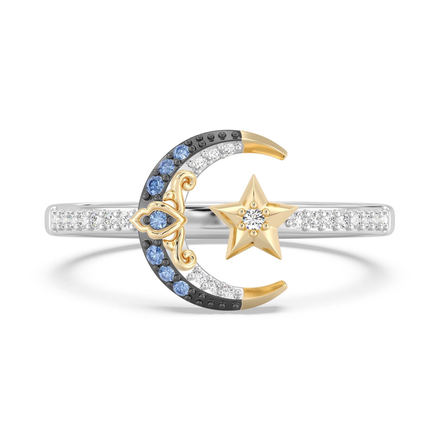 Enchanted Disney Fine Jewelry Black Rhodium over Sterling Silver and 10K Yellow Gold and with 1/10 CTTW Diamonds and Swizz Blue Topaz Jasmine Ring