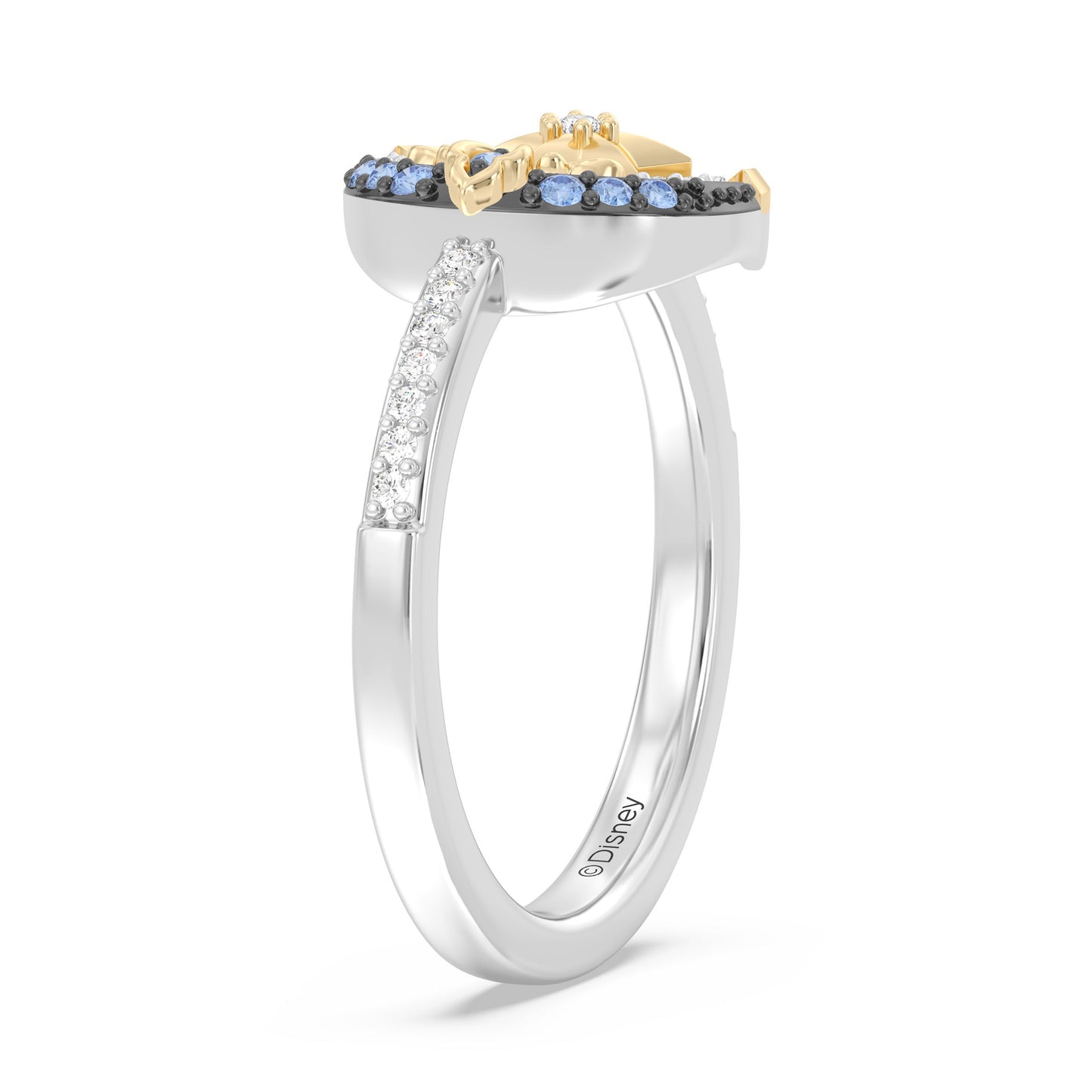 Enchanted Disney Fine Jewelry Black Rhodium over Sterling Silver and 10K Yellow Gold and with 1/10 CTTW Diamonds and Swizz Blue Topaz Jasmine Ring