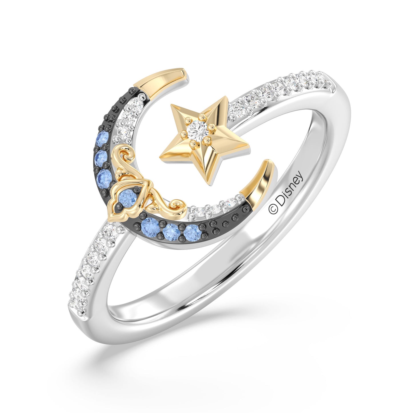 Enchanted Disney Fine Jewelry Black Rhodium over Sterling Silver and 10K Yellow Gold and with 1/10 CTTW Diamonds and Swizz Blue Topaz Jasmine Ring