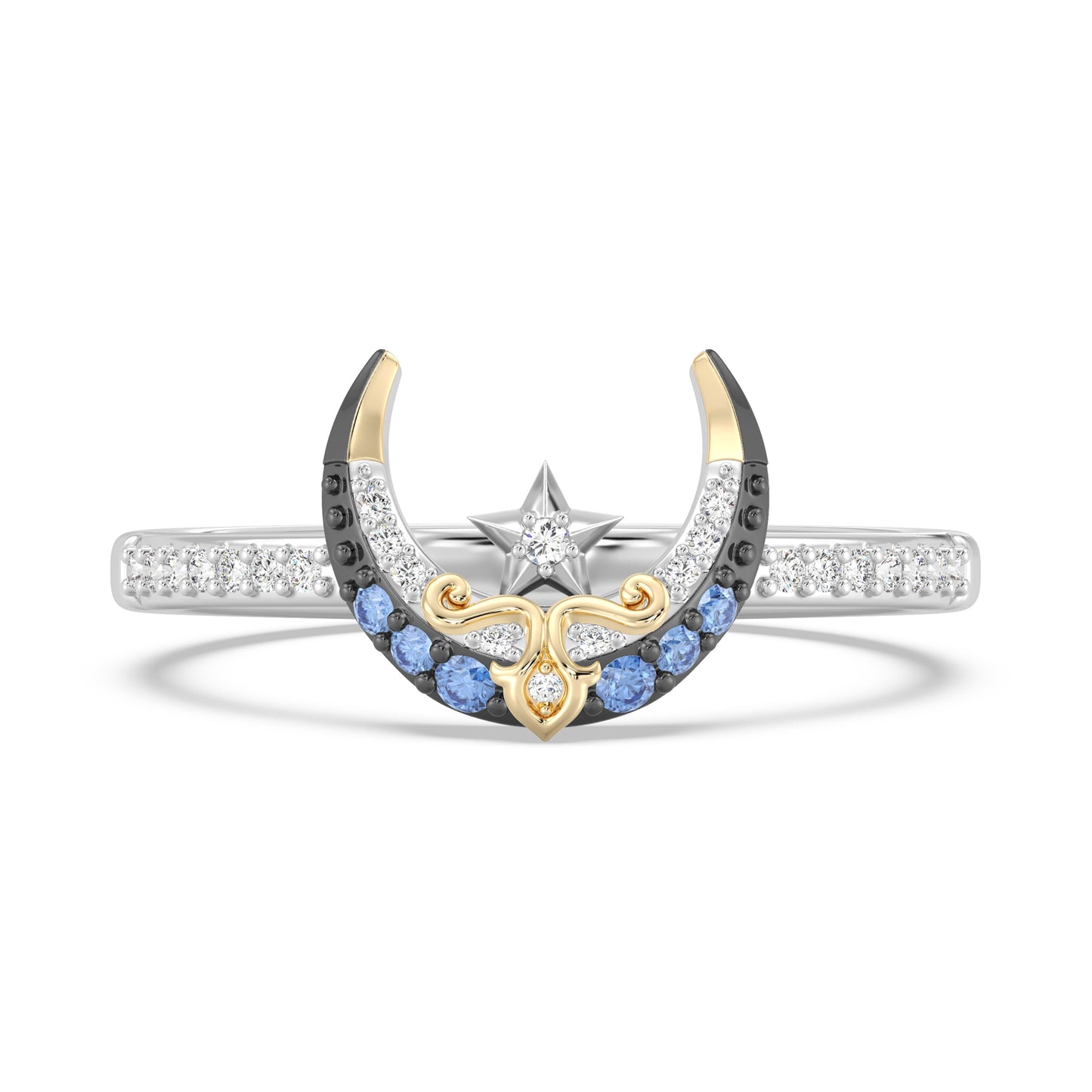 Enchanted Disney Fine Jewelry Black Rhodium over Sterling Silver and 10K Yellow Gold and with 1/10 CTTW Diamonds and Swizz Blue Topaz Jasmine Ring