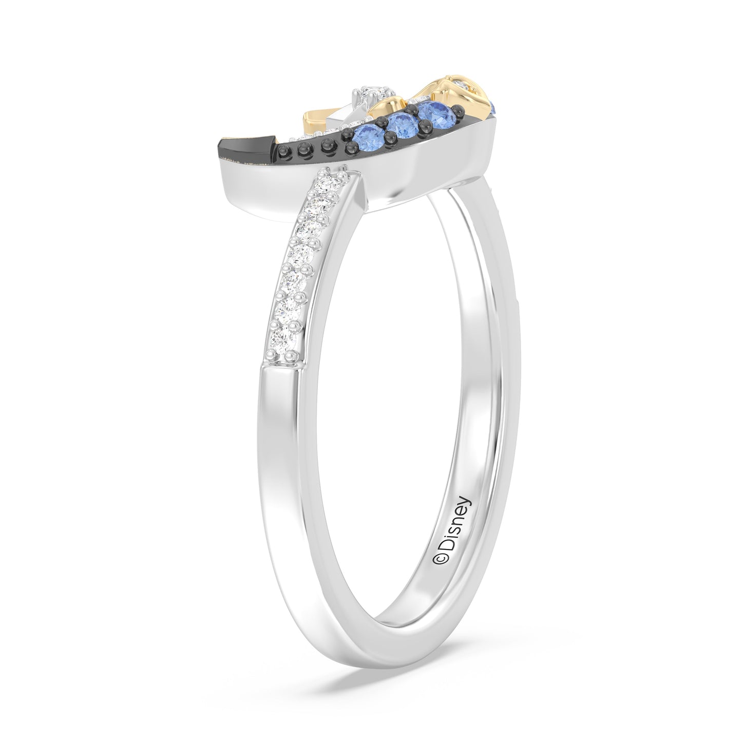 Enchanted Disney Fine Jewelry Black Rhodium over Sterling Silver and 10K Yellow Gold and with 1/10 CTTW Diamonds and Swizz Blue Topaz Jasmine Ring