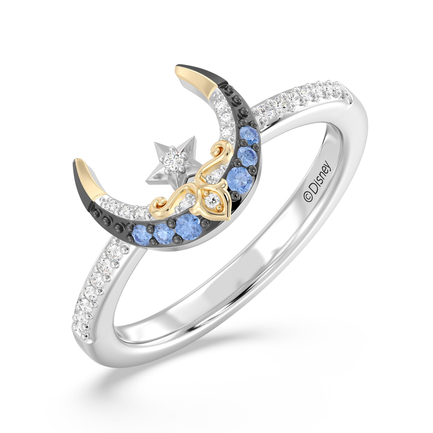 Enchanted Disney Fine Jewelry Black Rhodium over Sterling Silver and 10K Yellow Gold and with 1/10 CTTW Diamonds and Swizz Blue Topaz Jasmine Ring