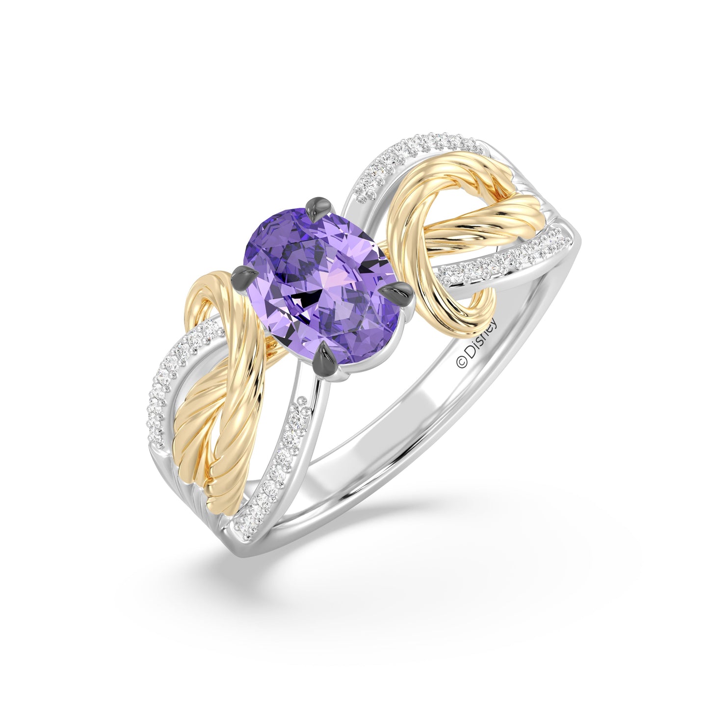 Enchanted Disney Fine Jewelry 14K Yellow Gold and Black Rhodium over Sterling Silver with 1/10 CTTW Diamonds and Rose De France Rapunzel Ring