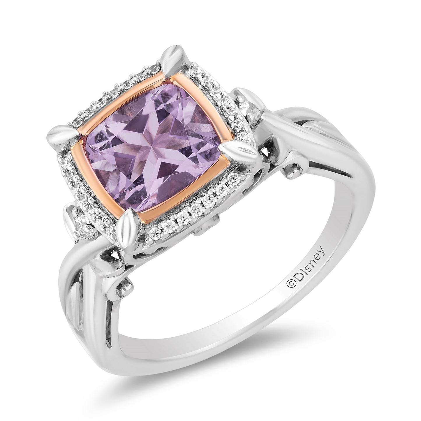 Enchanted Disney Fine Jewelry 14K Rose Gold Over Sterling Silver with 1/10 CTTW Diamonds and Light Purple Amethyst Rapunzel Ring