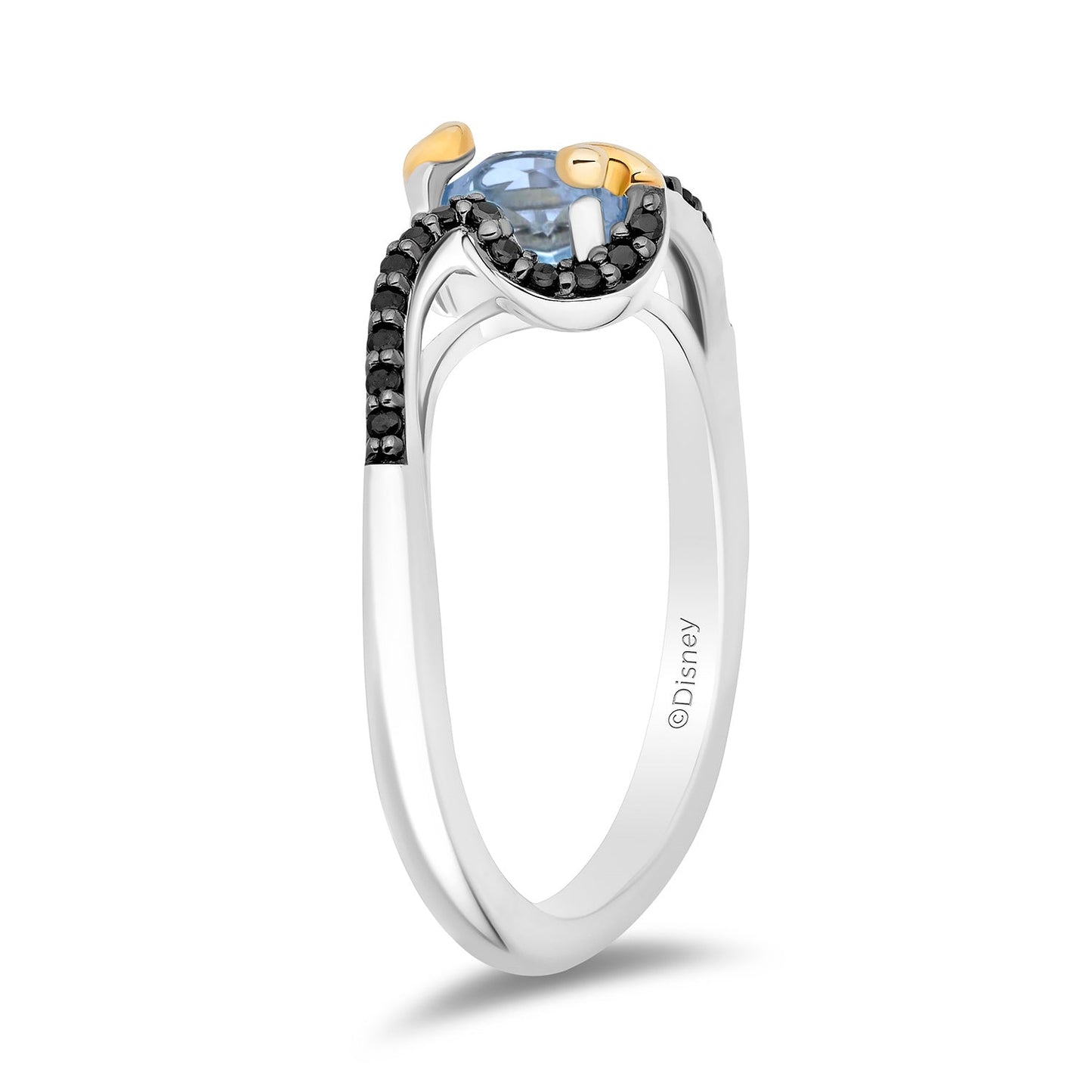 Enchanted Disney Fine Jewelry inspired by the Genie of Aladdin with Black Rhodium and 14K Yellow Gold Over Sterling Silver with 1/5 CTTW Diamond and Swiss Blue Topaz Jasmine Ring