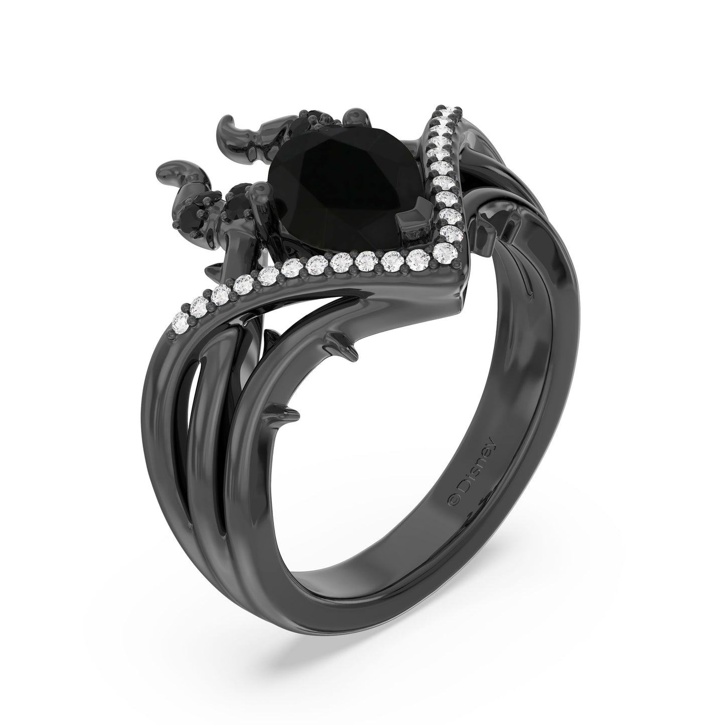 Enchanted Disney Fine Jewelry Black Rhodium over Sterling Silver with 1/6 CTTW Diamonds and Black Onyx Maleficent Ring