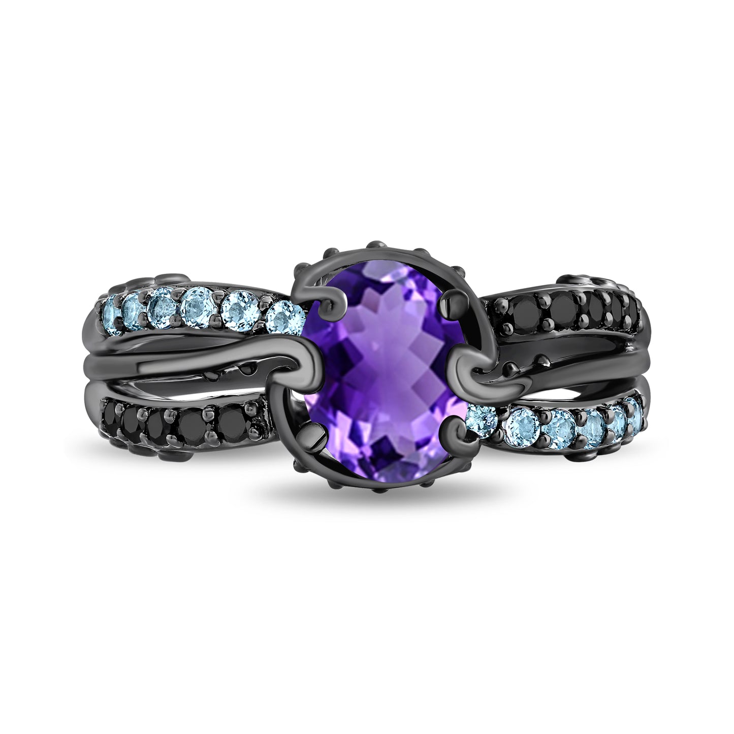 Enchanted Disney Fine Jewelry Black Rhodium Over Sterling Silver with 1/8 CTTW Diamonds, Amethyst and Swiss Blue Topaz Ursula Ring