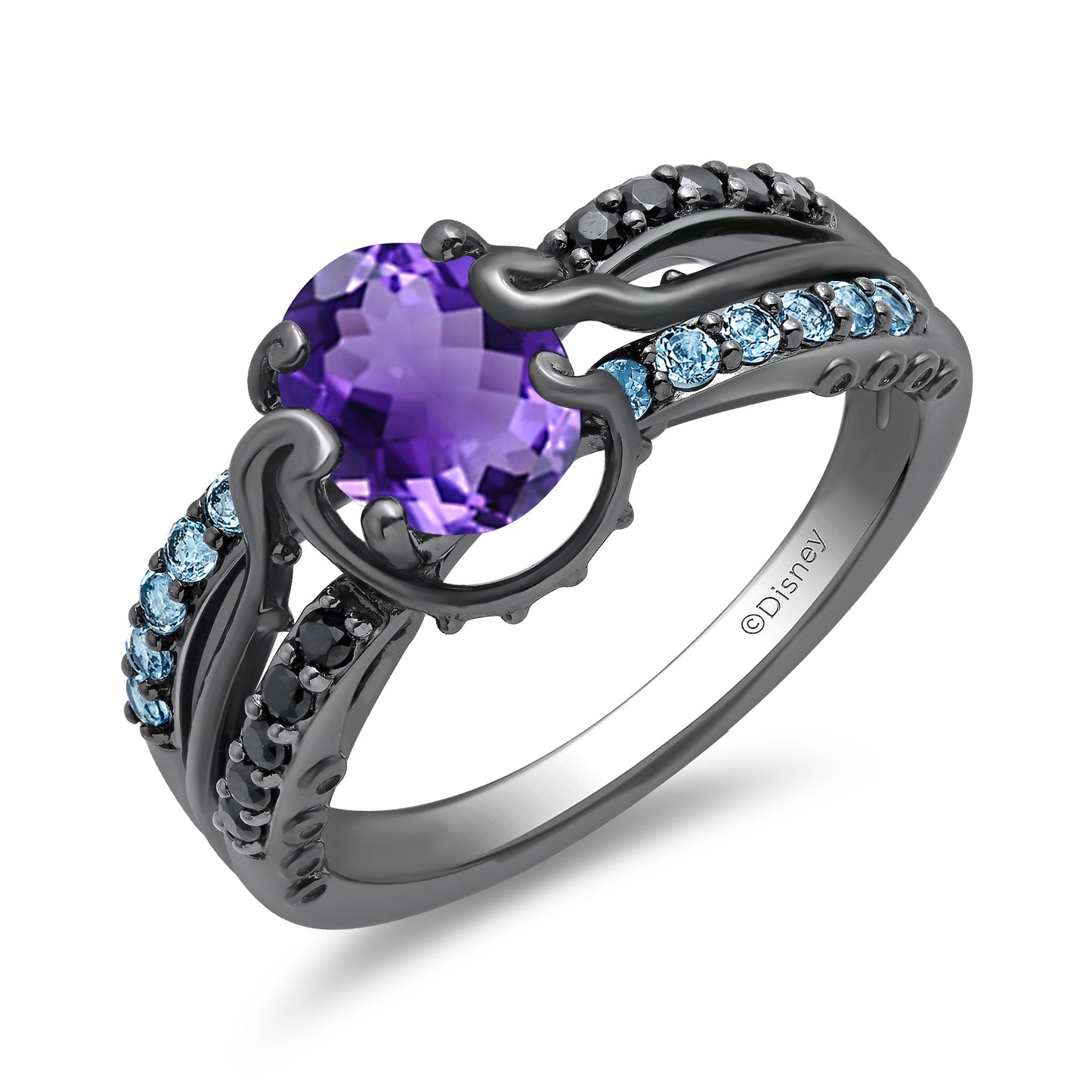 Enchanted Disney Fine Jewelry Black Rhodium Over Sterling Silver with 1/8 CTTW Diamonds, Amethyst and Swiss Blue Topaz Ursula Ring