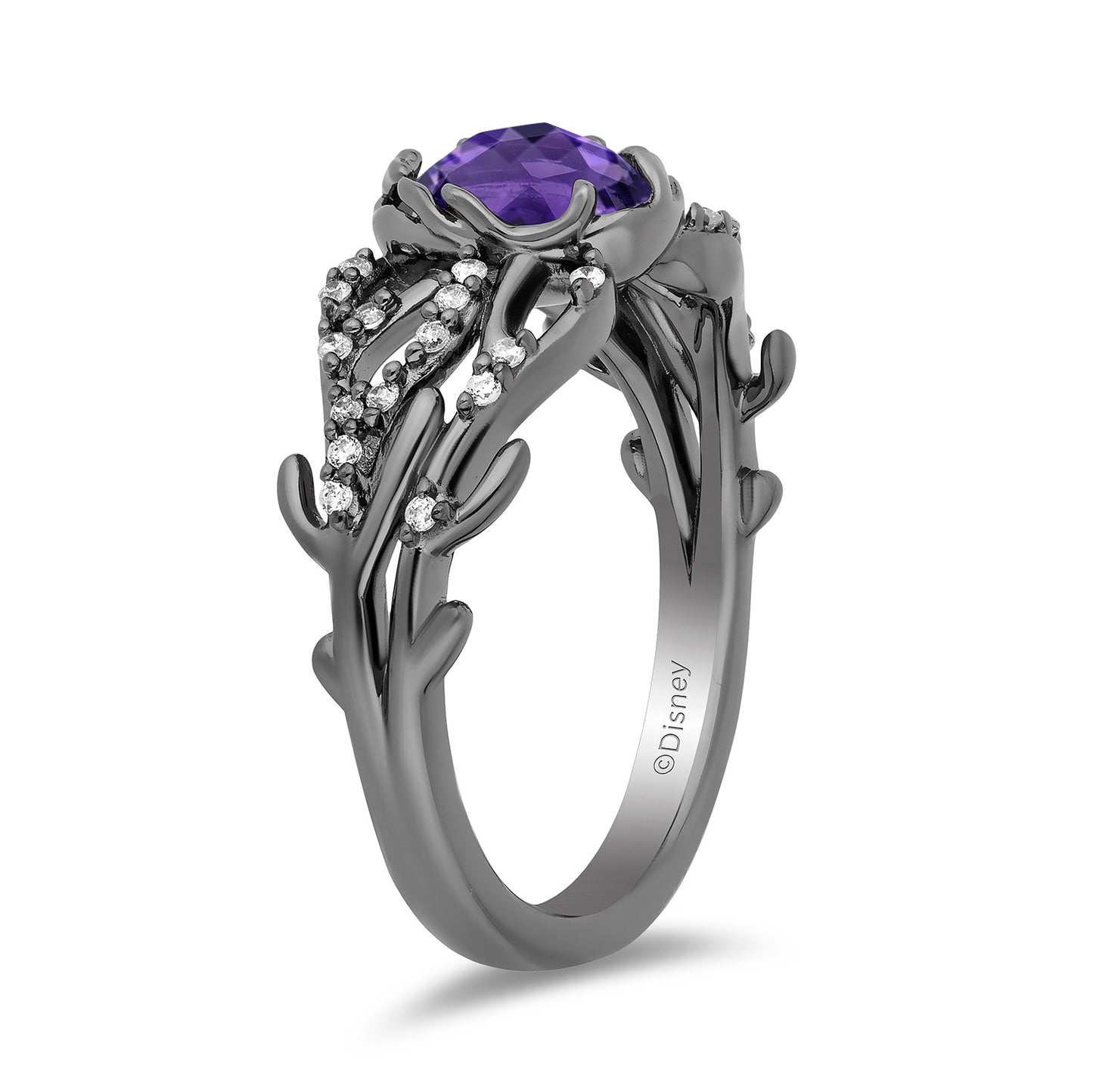 Enchanted Disney Fine Jewelry Black Rhodium Over Sterling Silver with 1/6 CTTW Diamonds and Amethyst Ursula Ring