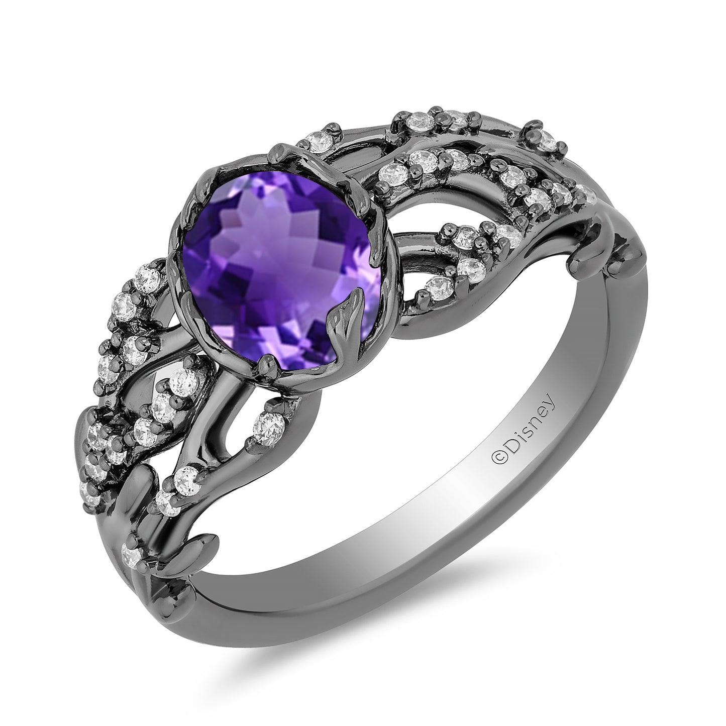 Enchanted Disney Fine Jewelry Black Rhodium Over Sterling Silver with 1/6 CTTW Diamonds and Amethyst Ursula Ring