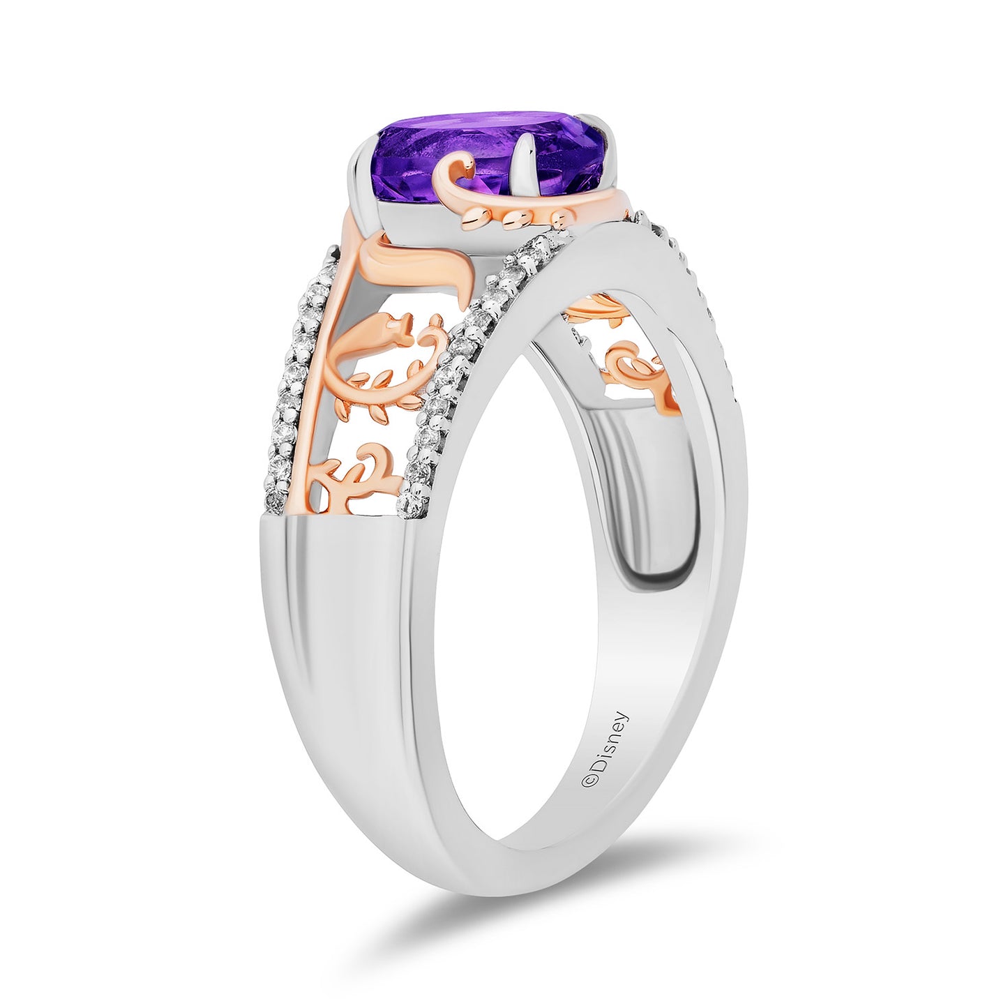 Enchanted Disney Fine Jewelry 14K Rose Gold Over Sterling Silver and 1/8 CTTW Diamonds and Amethyst Rapunzel Ring