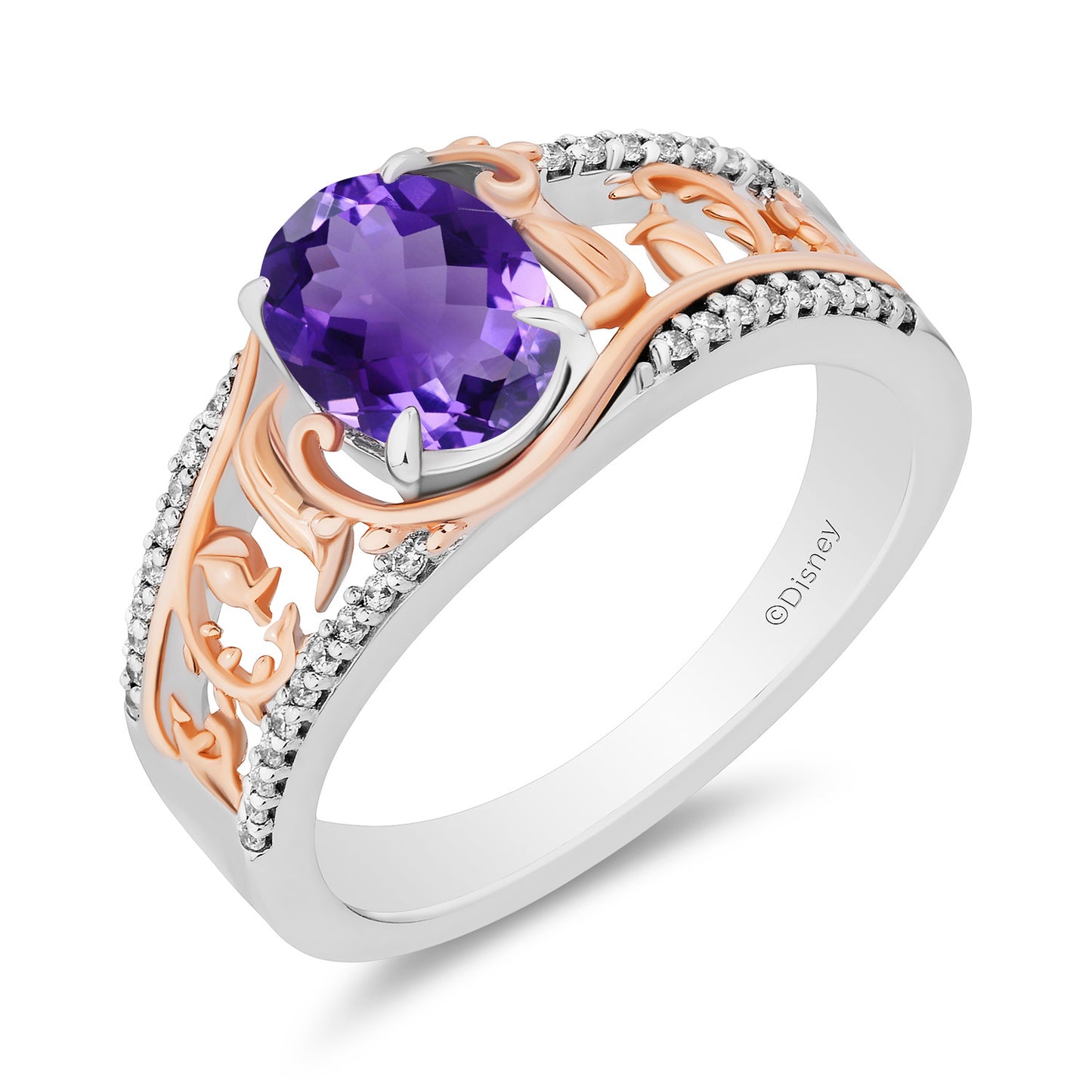 Enchanted Disney Fine Jewelry 14K Rose Gold Over Sterling Silver and 1/8 CTTW Diamonds and Amethyst Rapunzel Ring