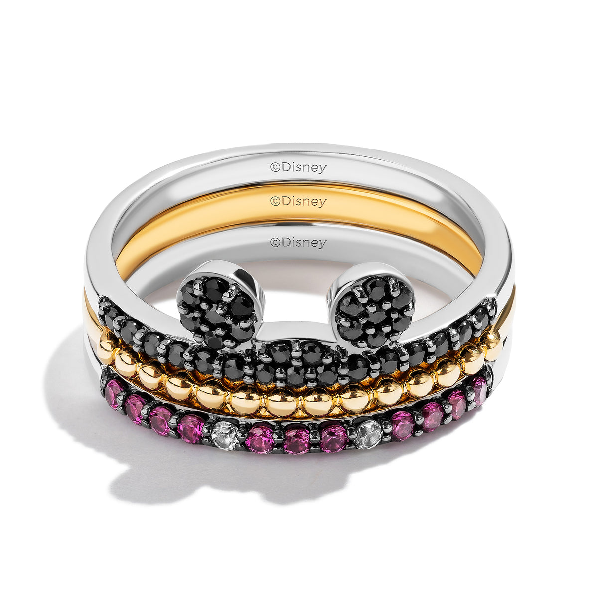Disney Jewels 14K Yellow Gold and Black Rhodium over Sterling Silver with 1/4 CTTW Black Diamonds, Cr. Ruby and Cr. White Sapphire, Disney's Mickey Mouse Three Stack Ring