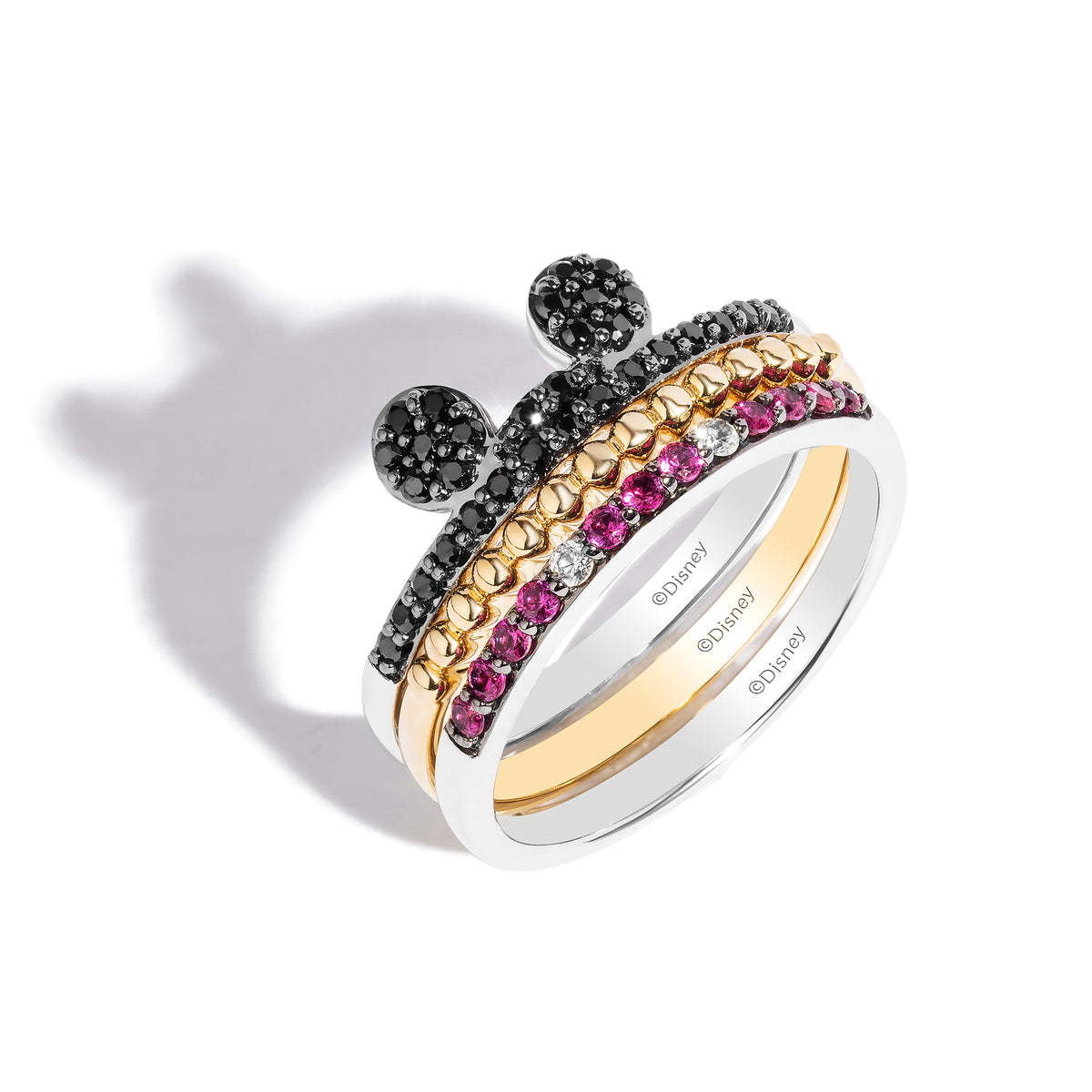 Disney Jewels 14K Yellow Gold and Black Rhodium over Sterling Silver with 1/4 CTTW Black Diamonds, Cr. Ruby and Cr. White Sapphire, Disney's Mickey Mouse Three Stack Ring