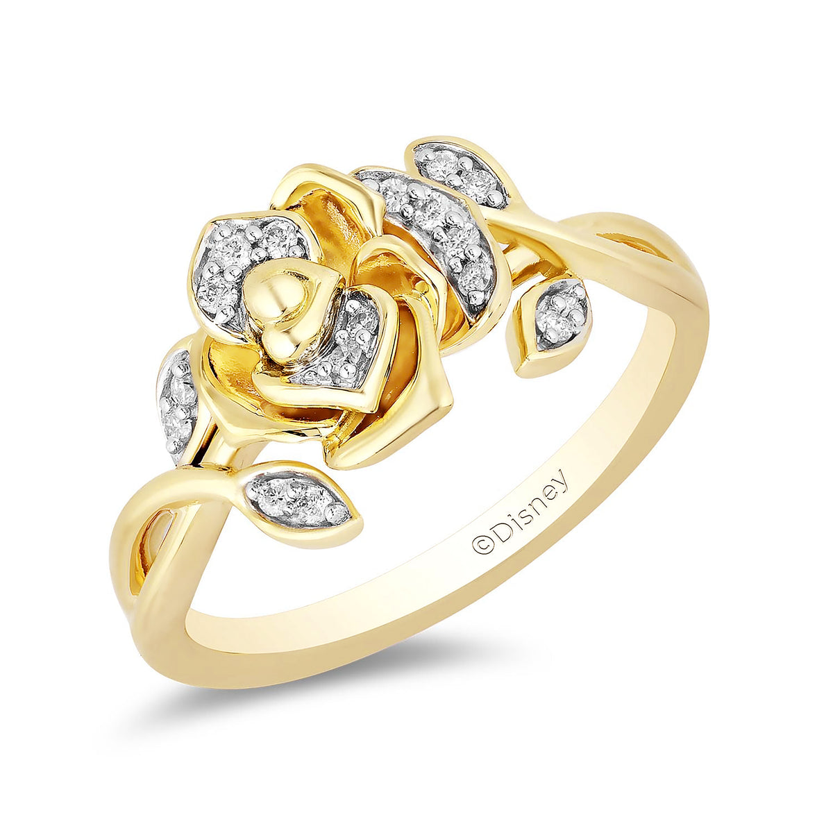 Enchanted Disney Fine Jewelry 14K Yellow Gold Over Sterling Silver with 1/10 CTTW Diamond Disney's Belle Rose Ring
