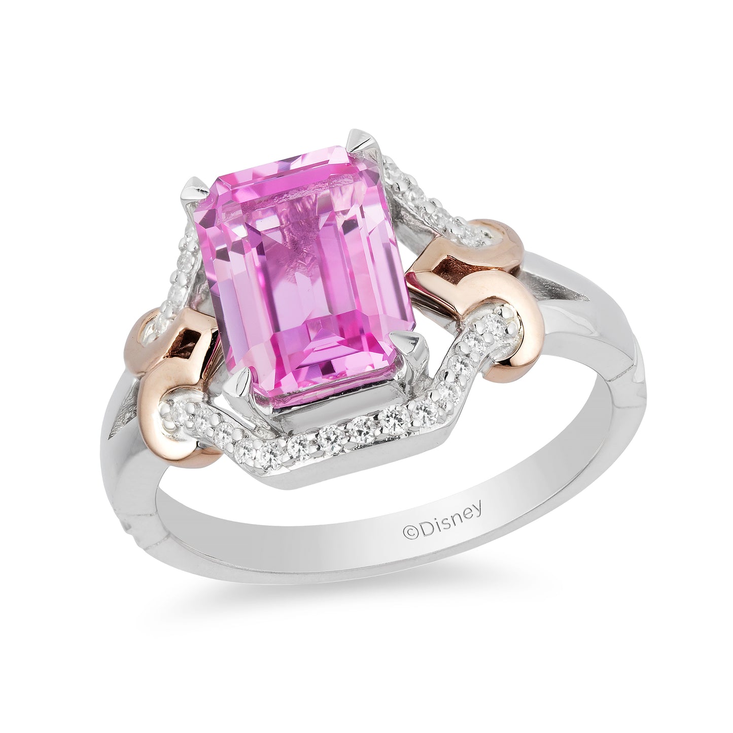Enchanted Disney Fine Jewelry Sterling Silver and 10K Rose Gold with 1/6 CTTW and Lab Grown Pink Sapphire Aurora Ring