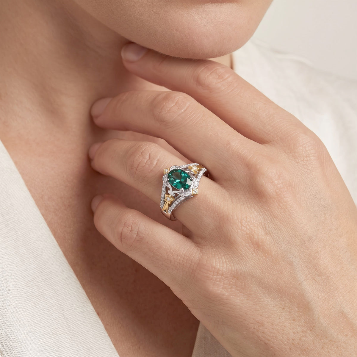 Enchanted Disney Fine Jewelry Sterling Silver and 10K Yellow Gold with 1/5 CTTW Diamond and Lab Grown Emerald Tinker Bell Ring