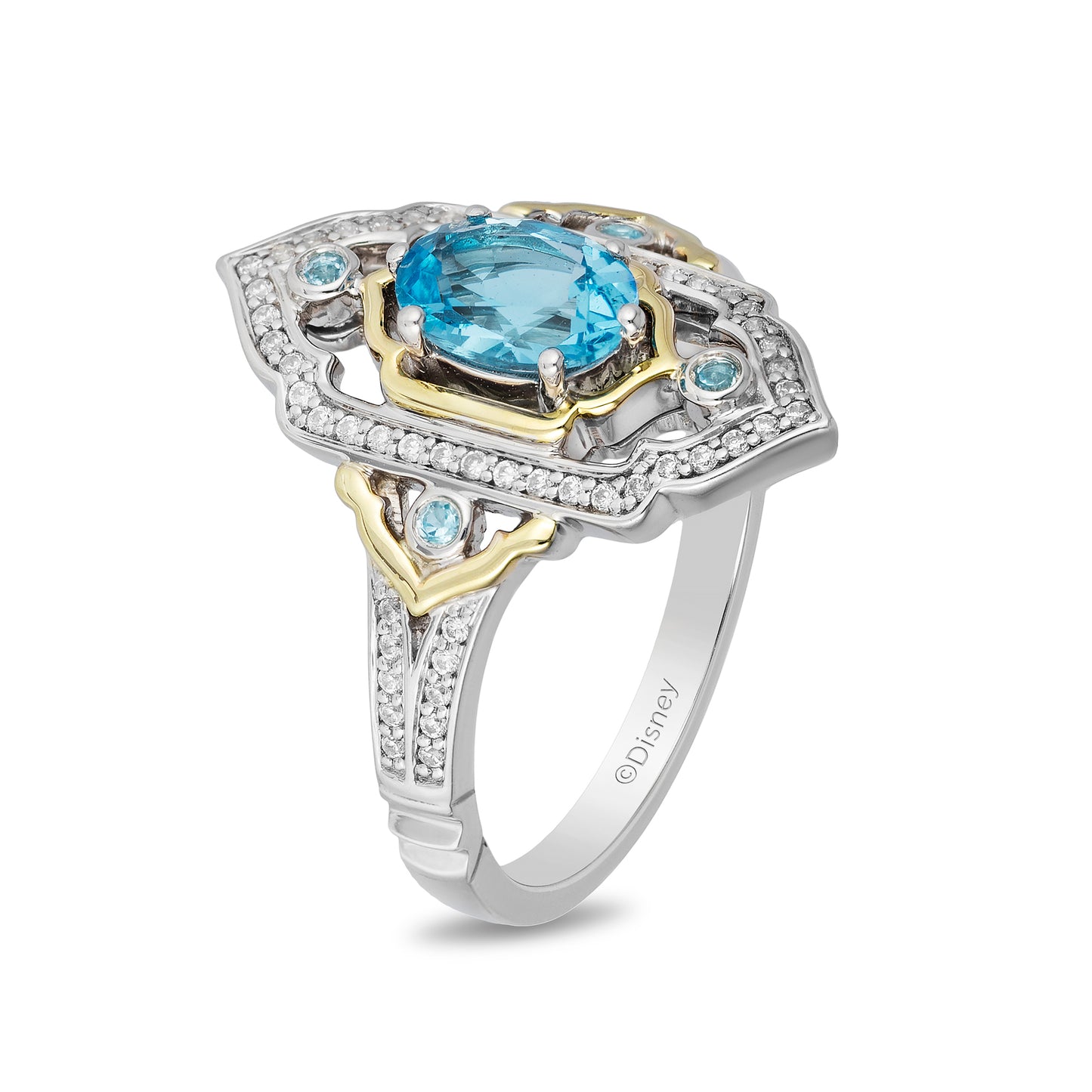 Enchanted Disney Fine Jewelry Sterling Silver and 10K Yellow Gold 1/5 CTTW Diamond and Swiss Blue Topaz Jasmine Ring