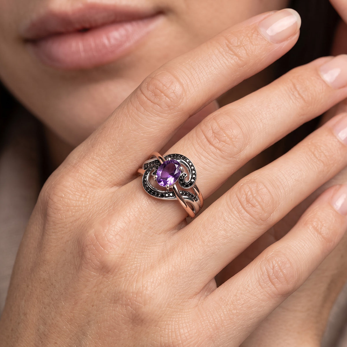 Enchanted Disney Fine Jewelry 14K Rose Gold over Sterling Silver  Black Rhodium with 1/5 CTTW Diamond and Amethyst Ursula Ring