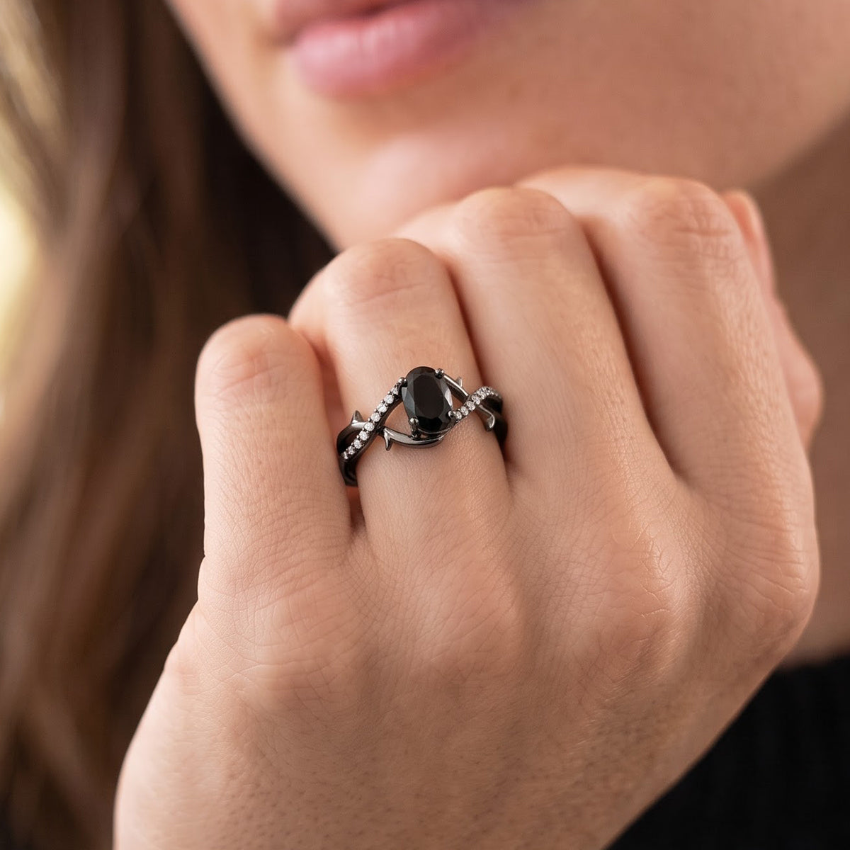 Enchanted Disney Fine Jewelry Black Rhodium Over Sterling Silver with 1/10 CTTW Diamond and Black Onyx Maleficent Ring