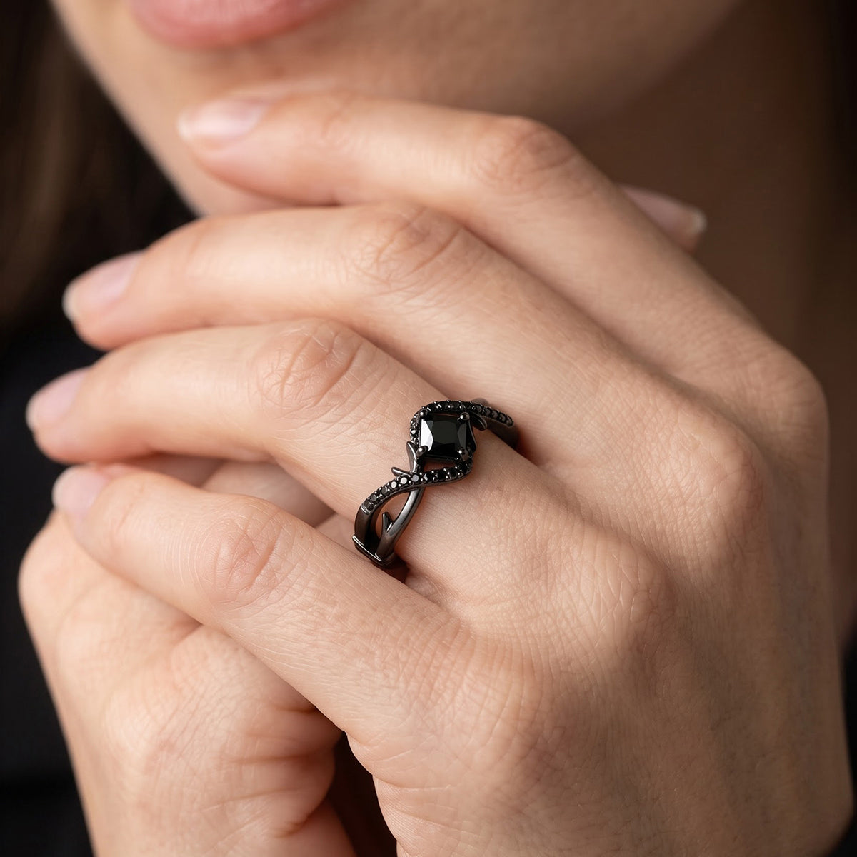 Enchanted Disney Fine Jewelry Black Rhodium over Sterling Silver with 1/10 CTTW Black Diamond and Onyx Maleficent Ring