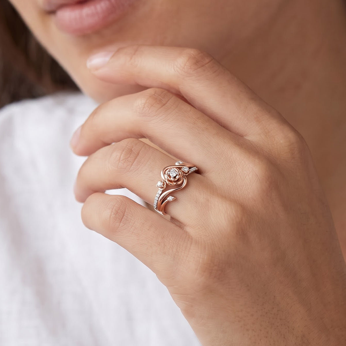 Enchanted Disney Fine Jewelry 14K Rose Gold Over Sterling Silver with 1/6 CTTW Diamond Belle Rose Ring