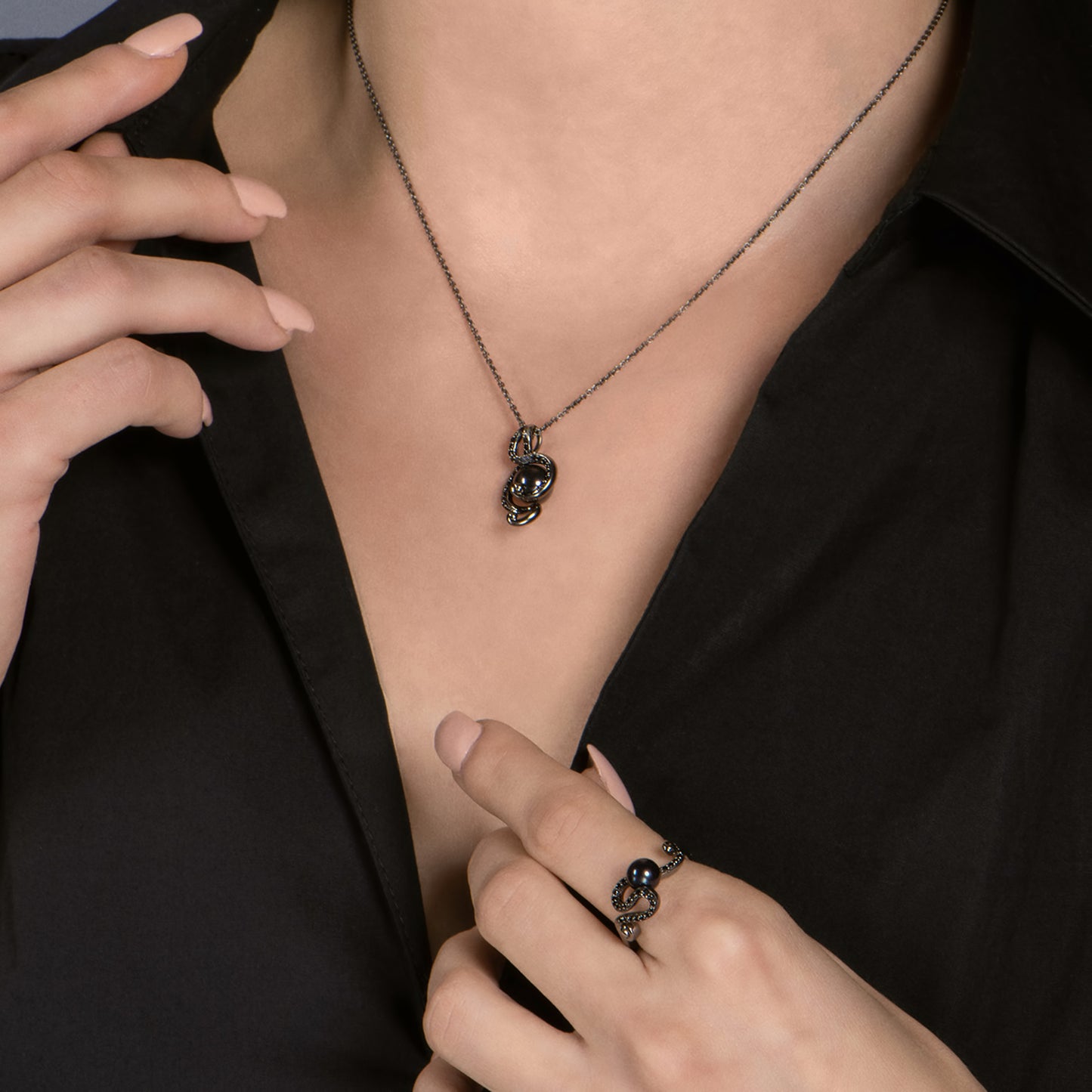 Enchanted Disney Fine Jewelry Black Rhodium over Sterling Silver with 1/5 CTTW Black Diamond and Black Pearl Ursula Pendant Necklace