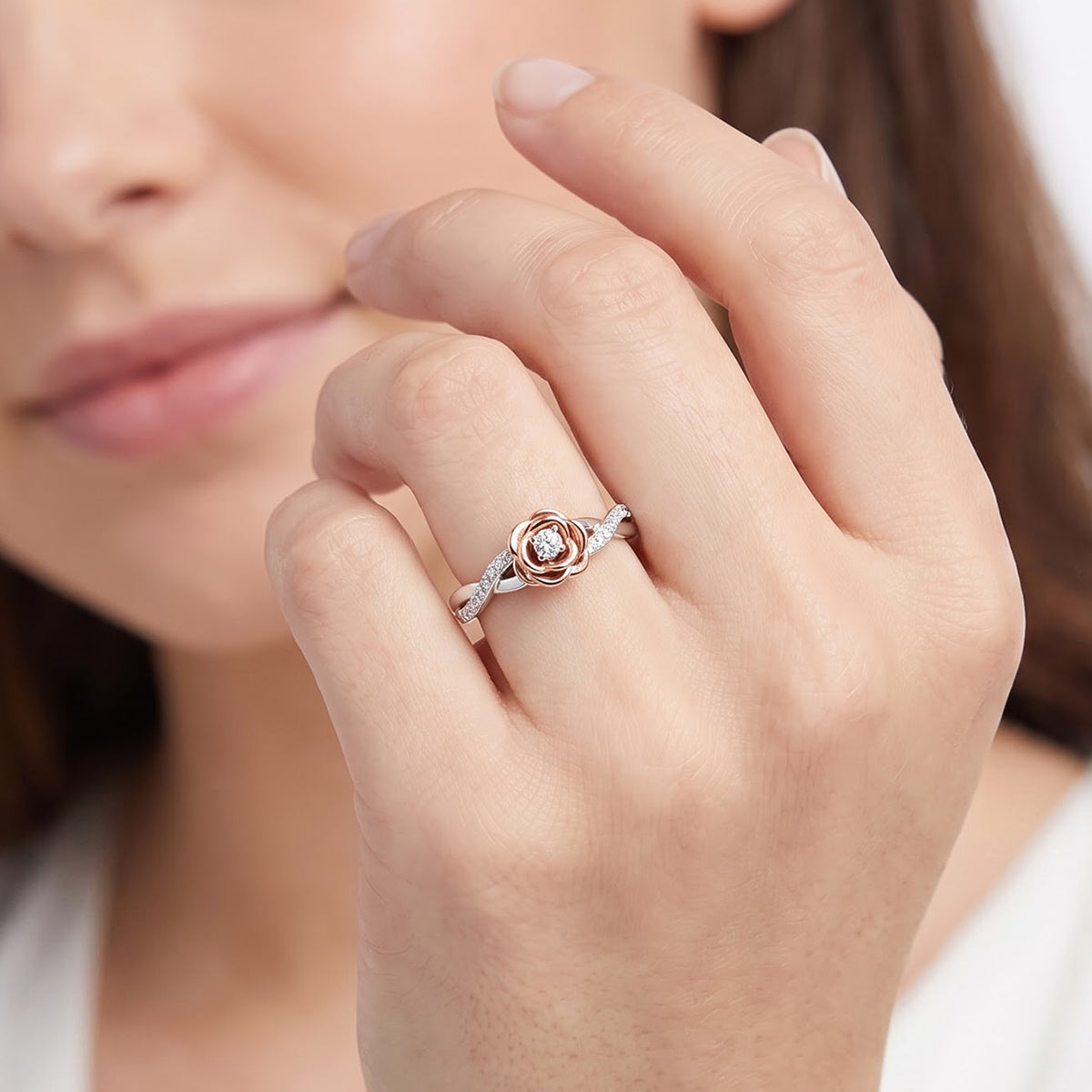 Enchanted Disney Fine Jewelry Sterling Silver and 10K Rose Gold 1/5 CTTW Belle Rose Ring