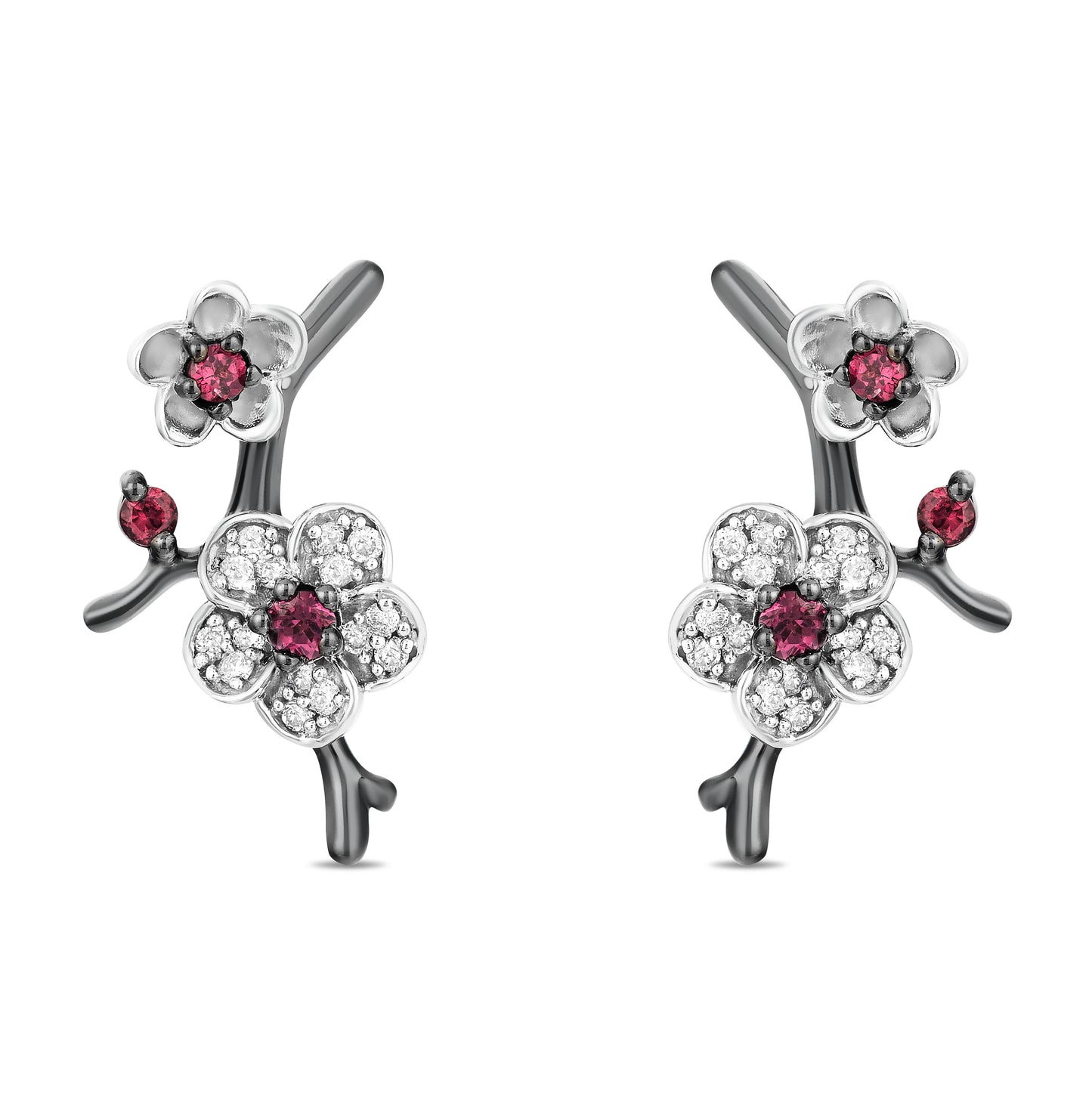 Enchanted Disney Fine Jewelry Black Rhodium Over Sterling Silver with Rhodolite Garnet and 1/8 CTTW Diamond Mulan Earrings