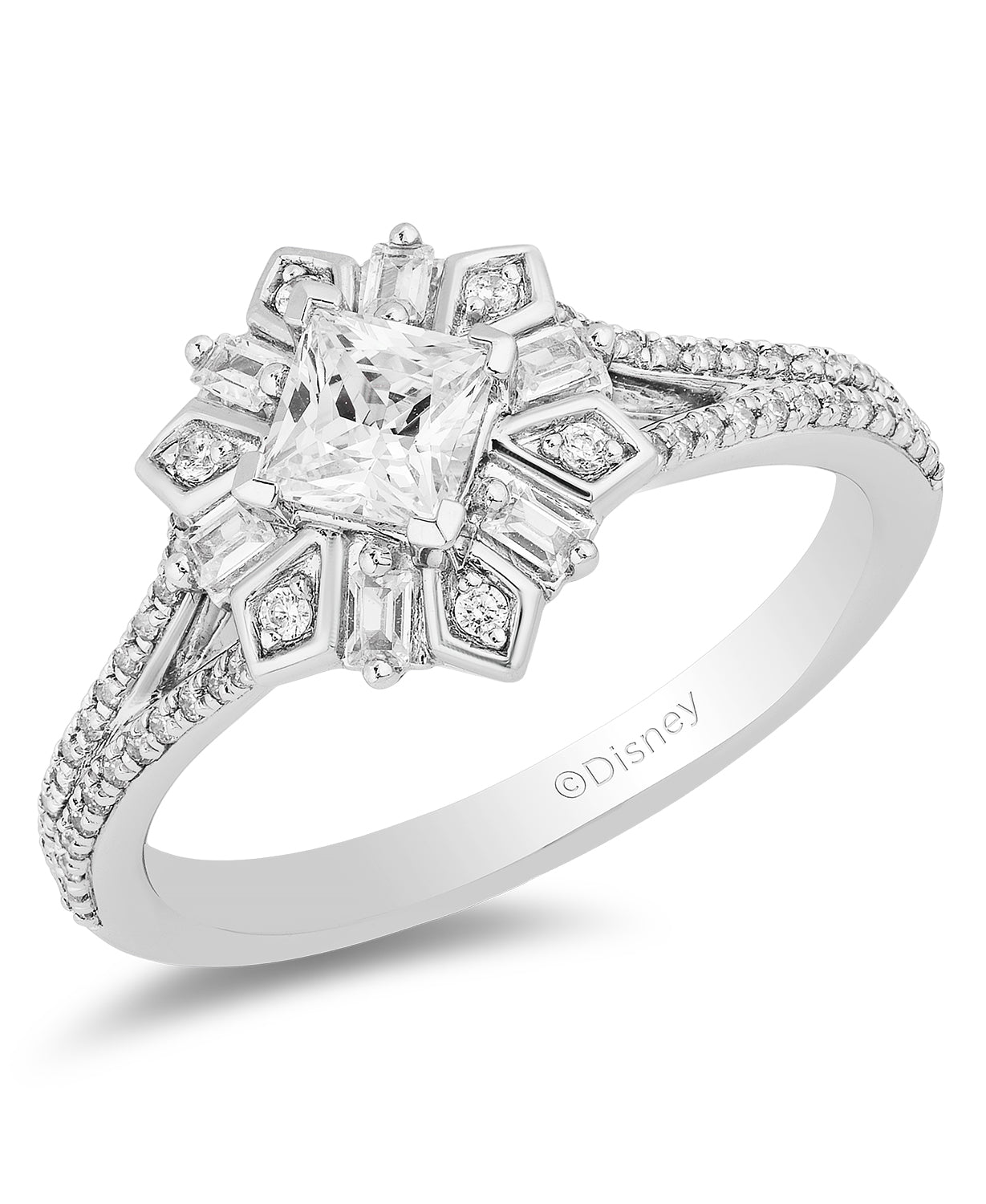 Enchanted Disney Fine Jewelry 14K White Gold with 3/4 CTTW Princess Baguette and Round Shape Diamond Elsa Snowflake Engagement Ring