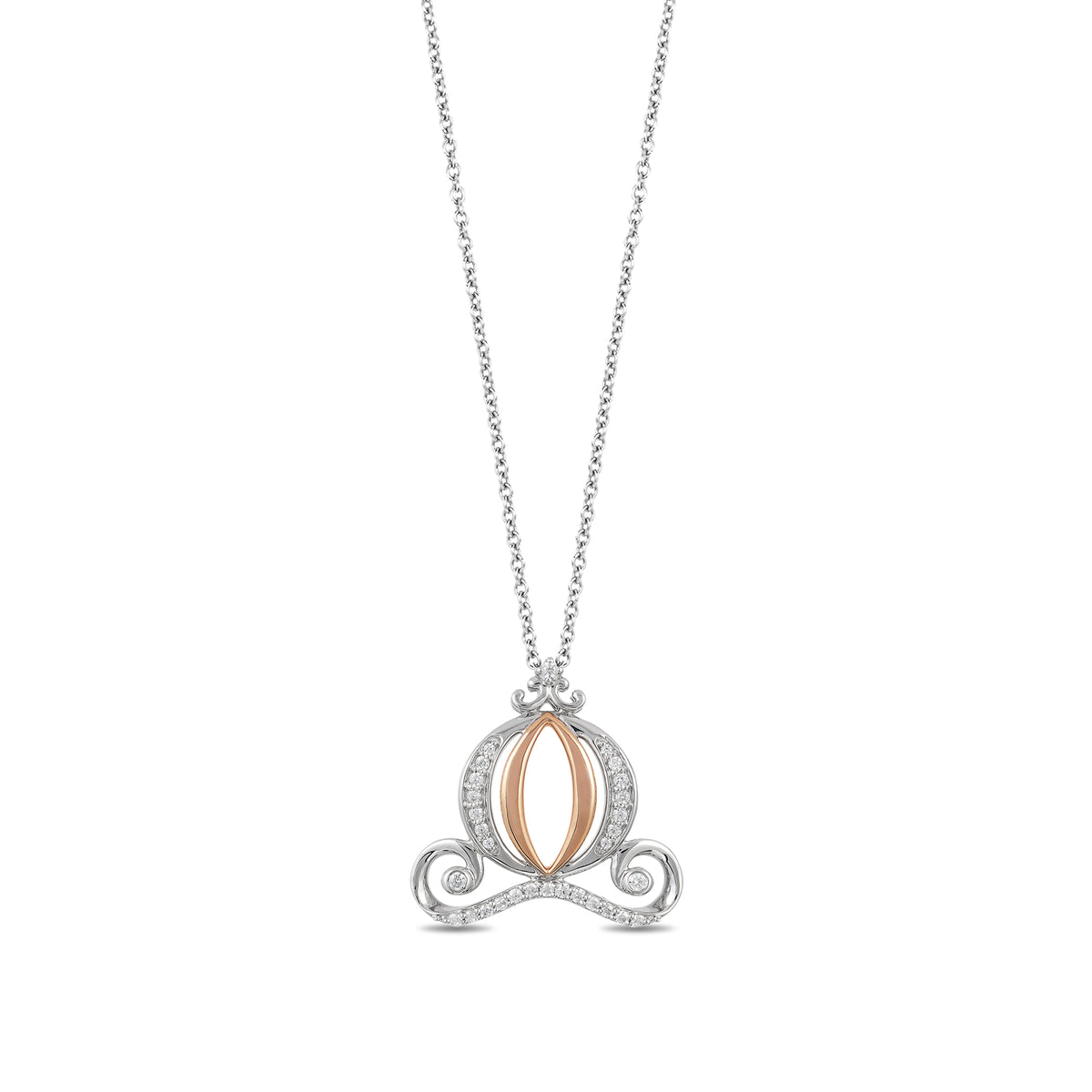 Enchanted Disney Fine Jewelry Sterling Silver and 10K Rose Gold With 1 5 CTTW Diamond Cinderella Carriage Pendant Necklace