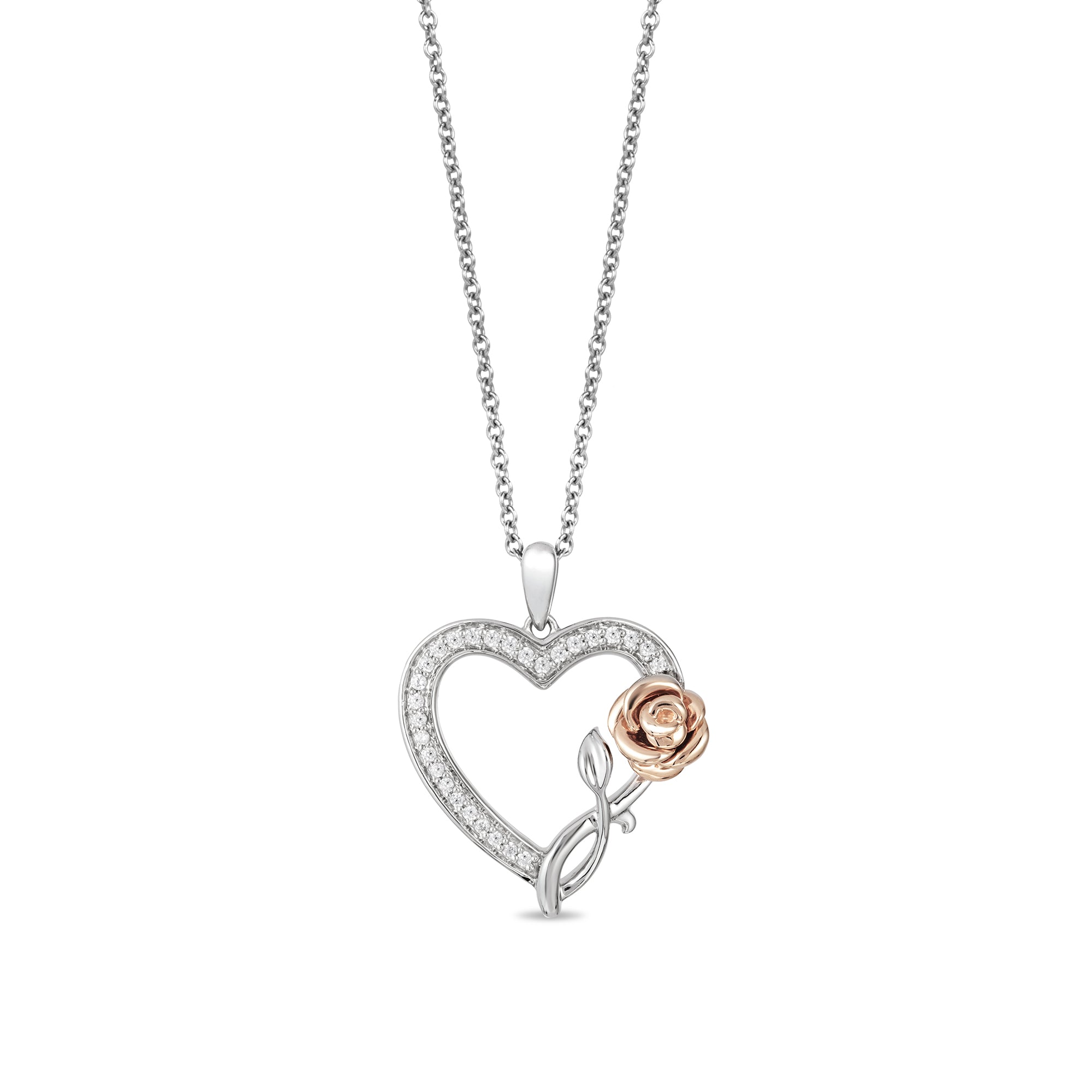 Disney Belle Inspired Diamond Rose with Heart Pendant Necklace in 10K Sterling Silver & Rose Gold 1/6 Cttw | Enchanted Disney Fine Jewelry