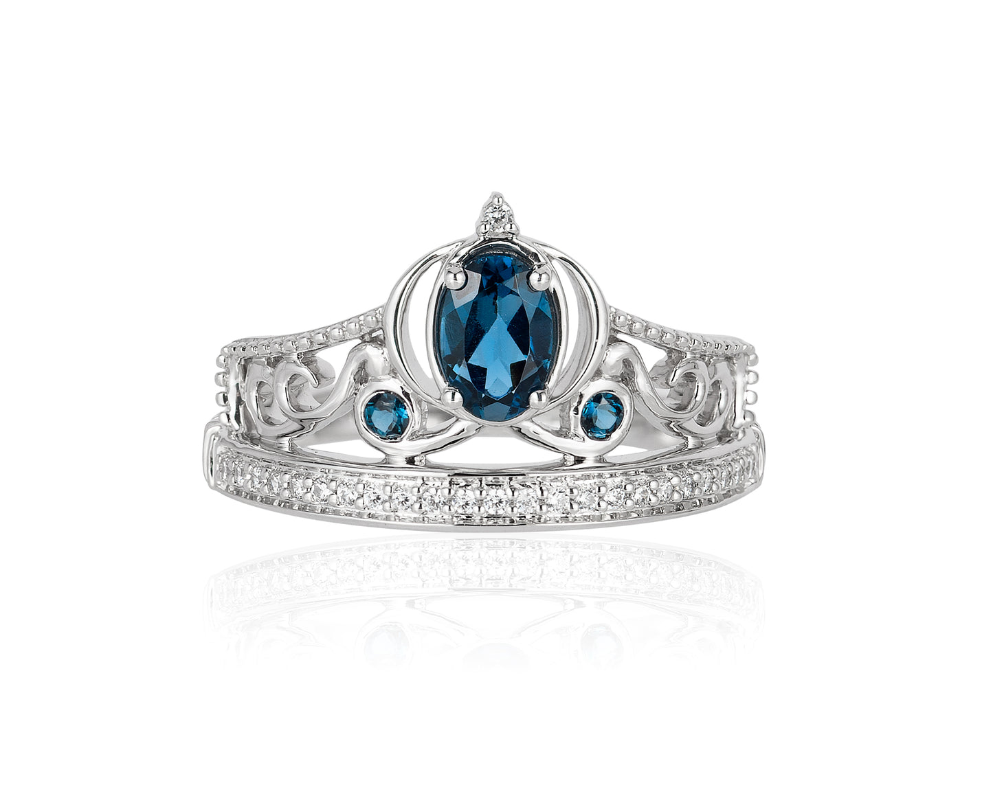 Enchanted Disney Fine Jewelry Sterling Silver with 1/10 CTTW Diamond and London Blue Topaz Cinderella Carriage Tiara Ring