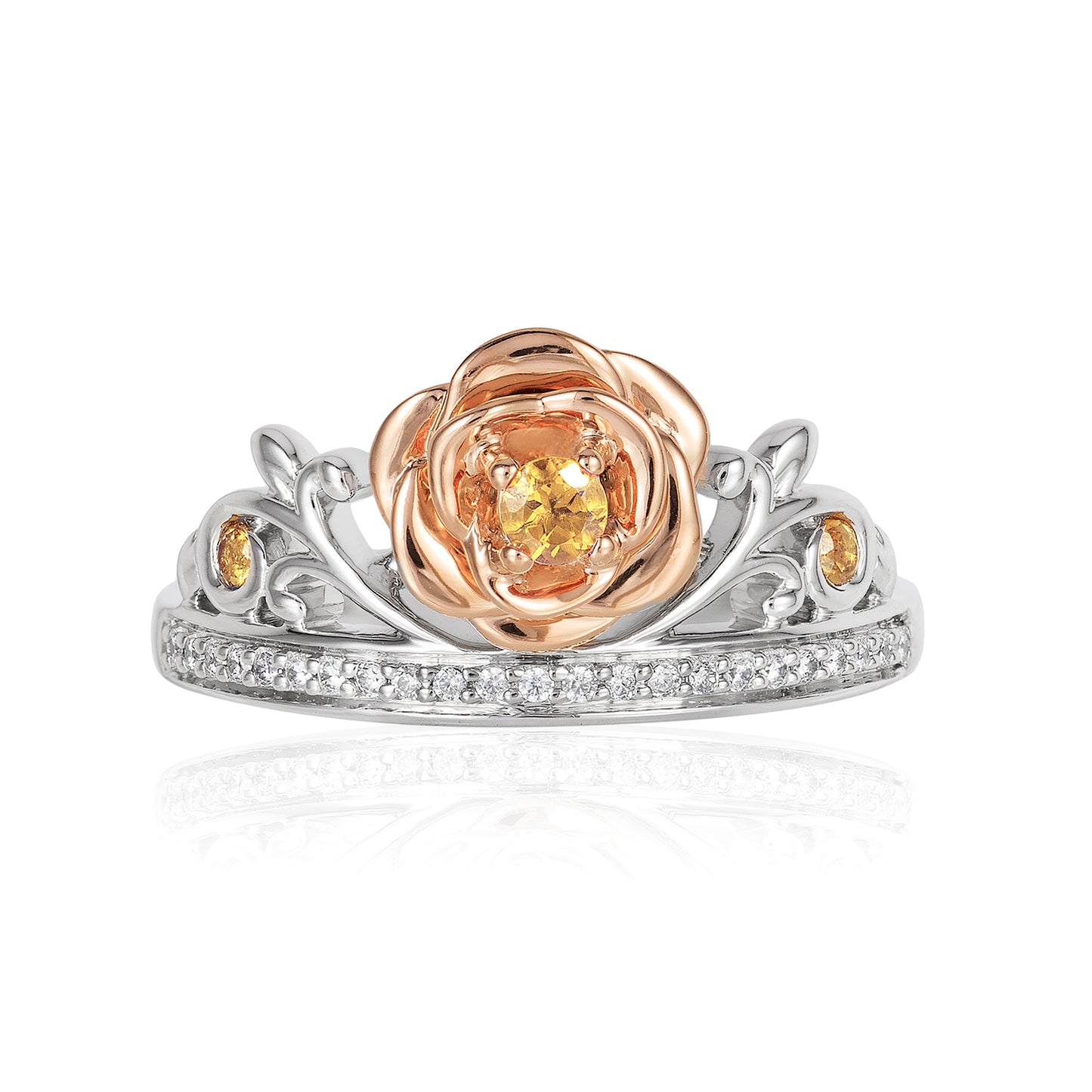 Enchanted Disney Fine Jewelry 14K Rose Gold Over Sterling Silver with 1/10 CTTW Diamond with Yellow Citrine Belle Rose Ring