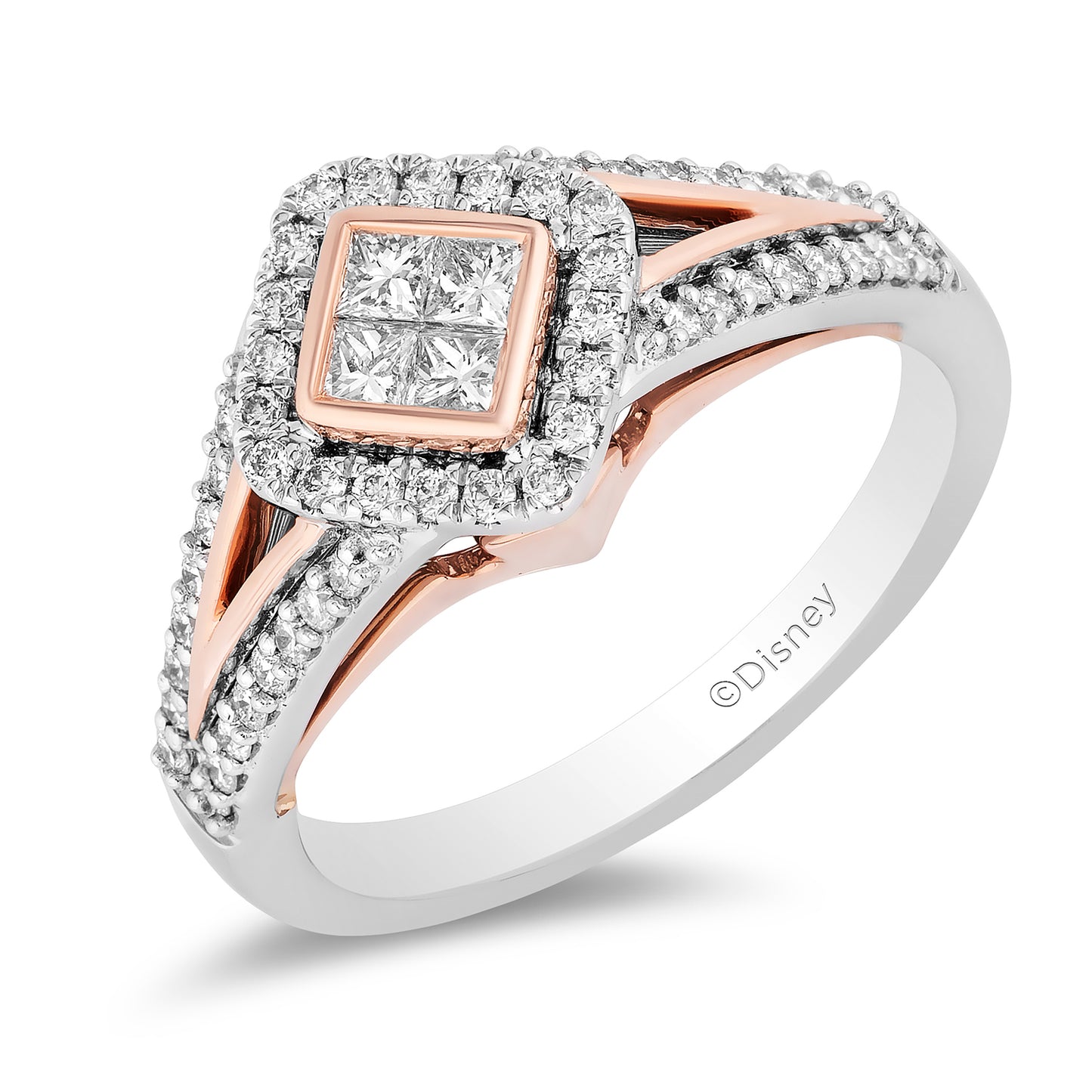 Enchanted Disney Fine Jewelry 14K White Gold and Rose Gold with 1/2 CTTW Princess and Round Diamond Composite Head Aurora Engagement Ring