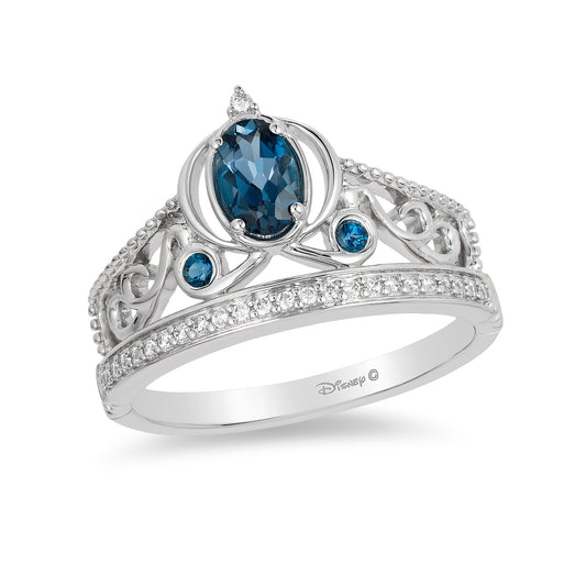 Enchanted Disney Fine Jewelry Sterling Silver with 1/10 CTTW Diamond and London Blue Topaz Cinderella Carriage Tiara Ring