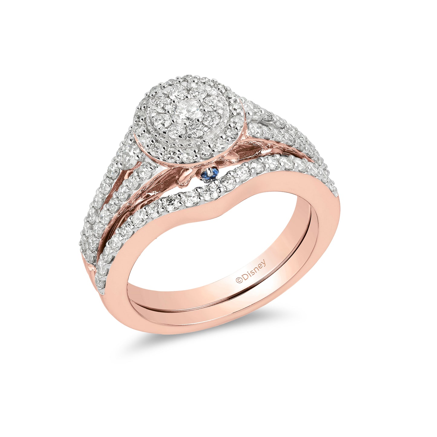 Enchanted Disney Fine Jewelry 14K Rose Gold with 1 CTTW Diamond and Created Blue sapphire Disney Cinderella Bridal Set
