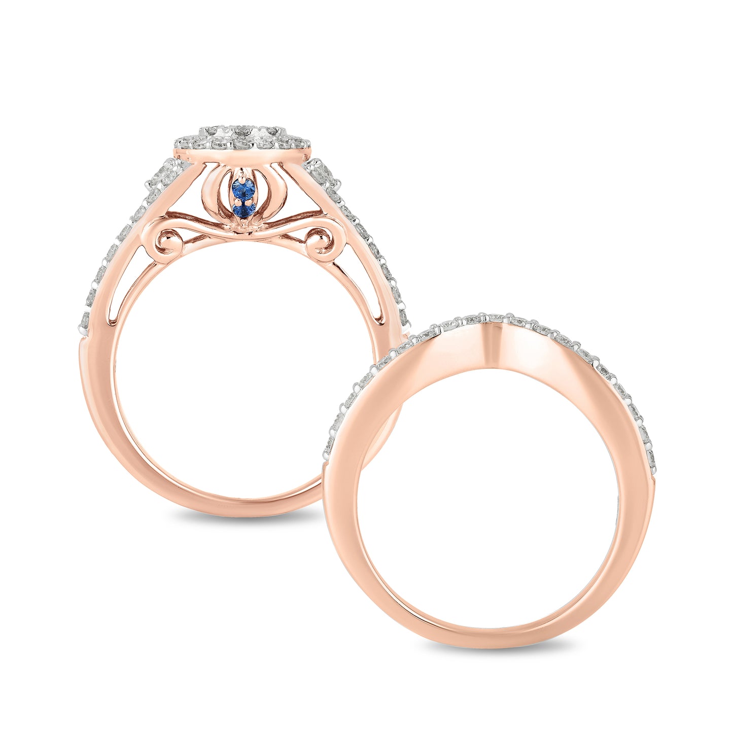 Enchanted Disney Fine Jewelry 14K Rose Gold with 1 CTTW Diamond and Created Blue sapphire Disney Cinderella Bridal Set