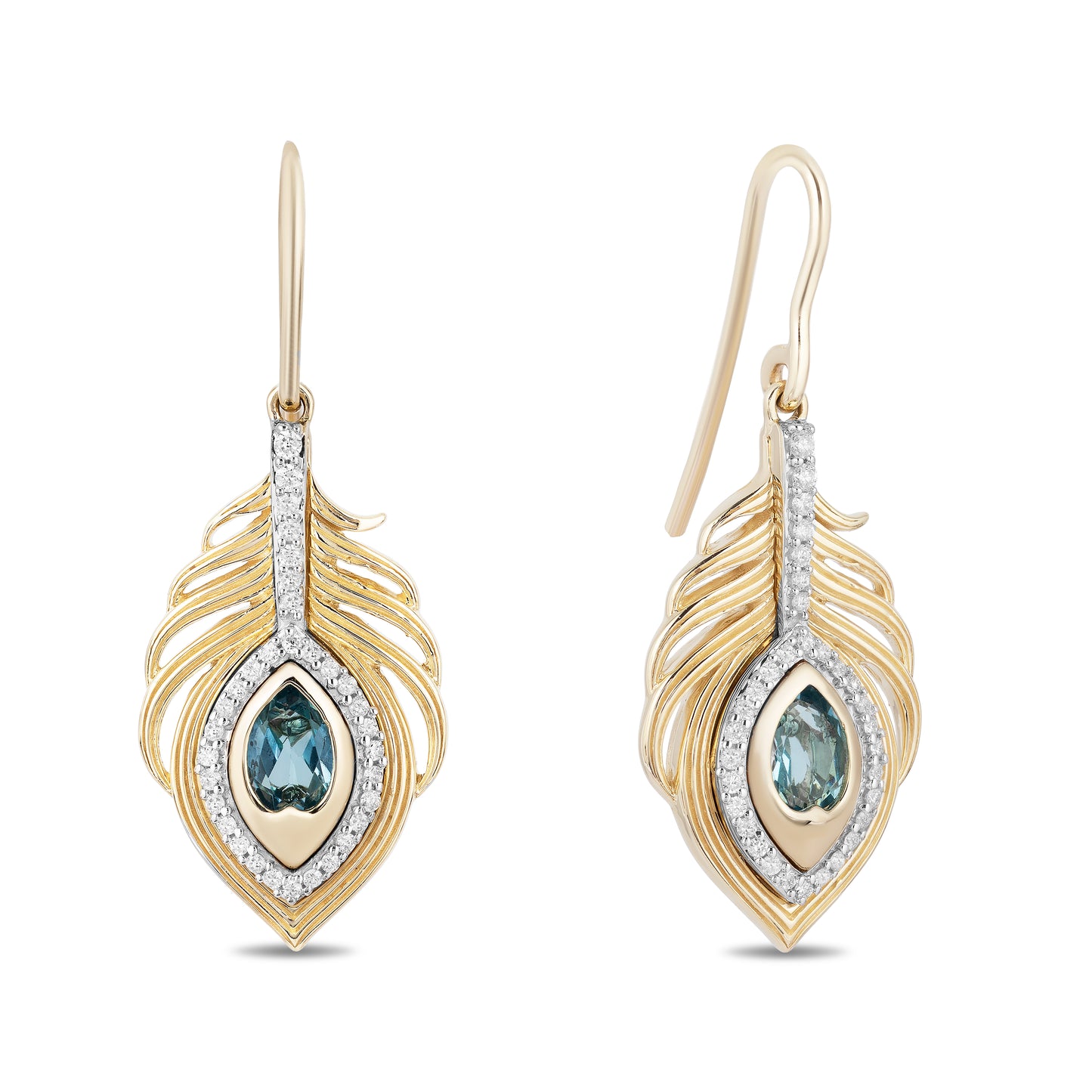 Disney Jasmine Inspired Diamonds and Swiss Blue Topaz Peacock Feather Earrings in Sterling Silver 1/5 CTTW View 1