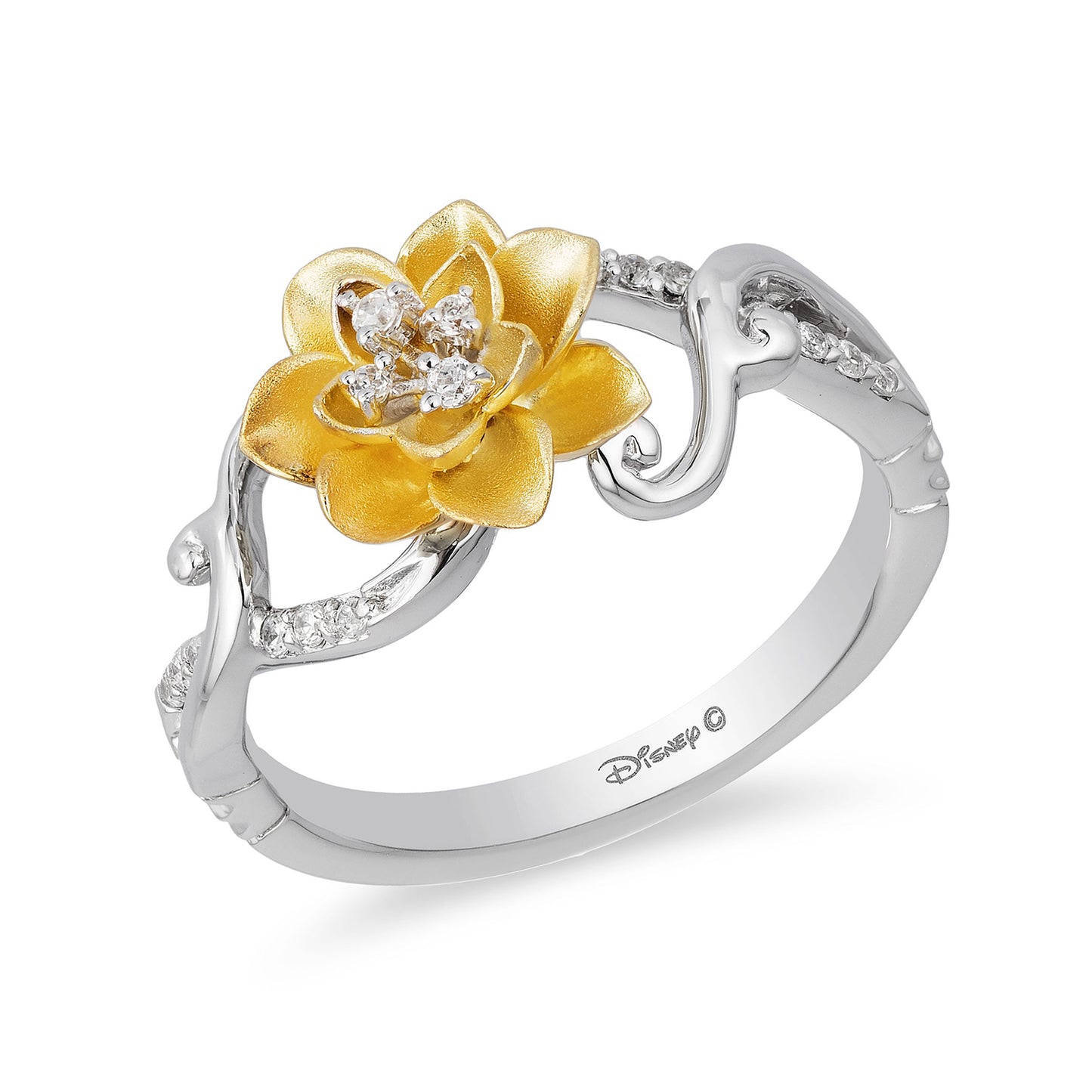 Enchanted Disney Fine Jewelry Sterling Silver and 10K Yellow Gold 1/10 CTTW Tiana Water Lily Ring