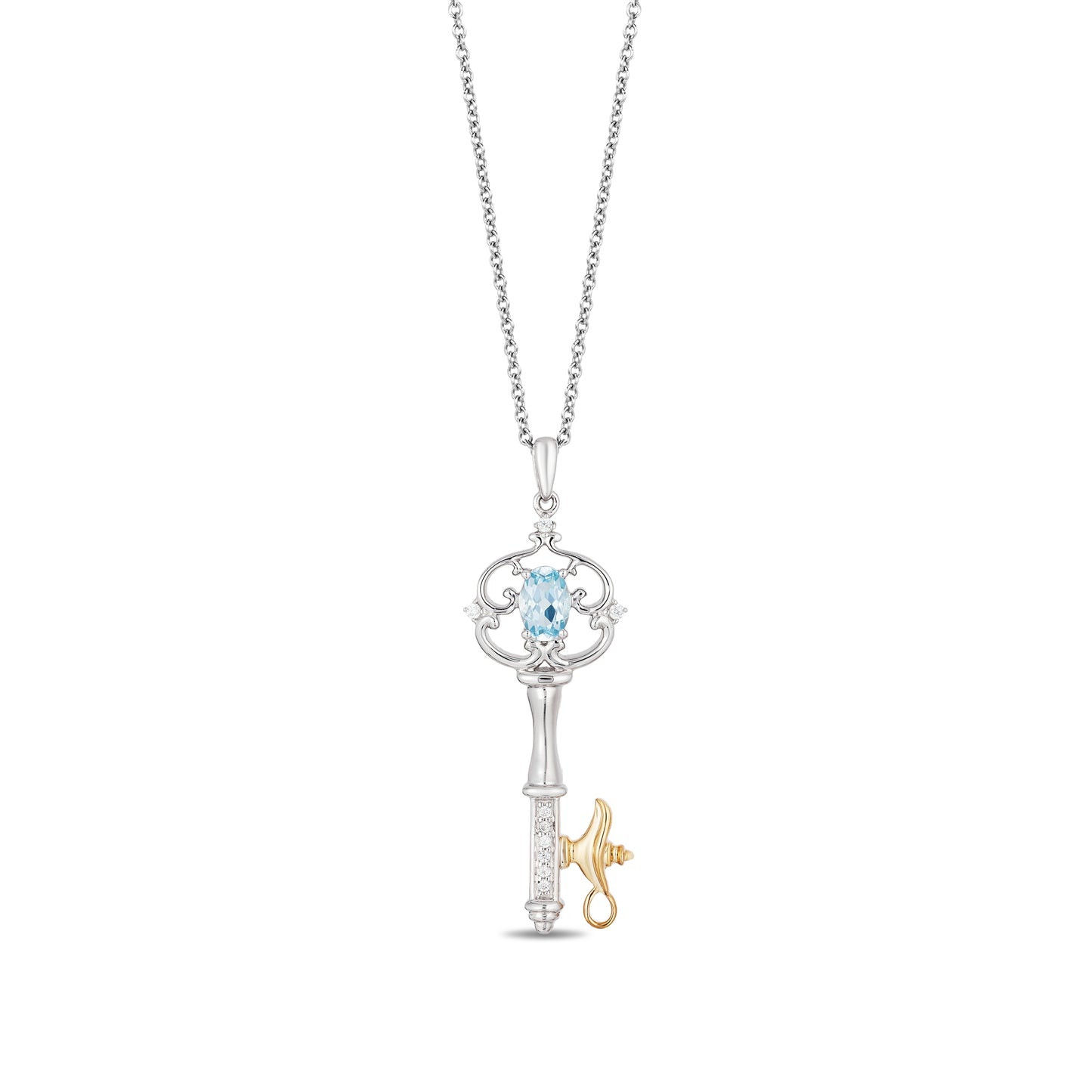 Enchanted Disney Fine Jewelry Sterling Silver And 10K Yellow Gold With 1/20 CTTW Diamond and Swiss Blue Topaz Jasmine Key Pendant Necklace