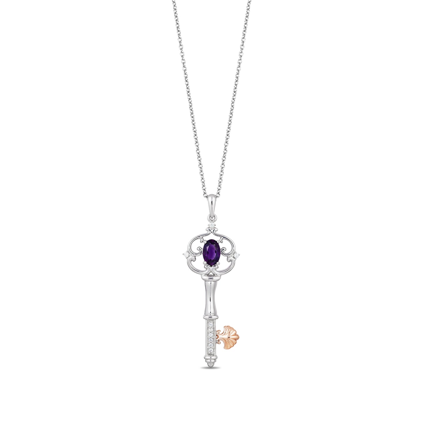 Enchanted Disney Fine Jewelry Sterling Silver and 10K Rose Gold With 1/20 CTTW Diamond and Amethyst Ariel Key Pendant Necklace
