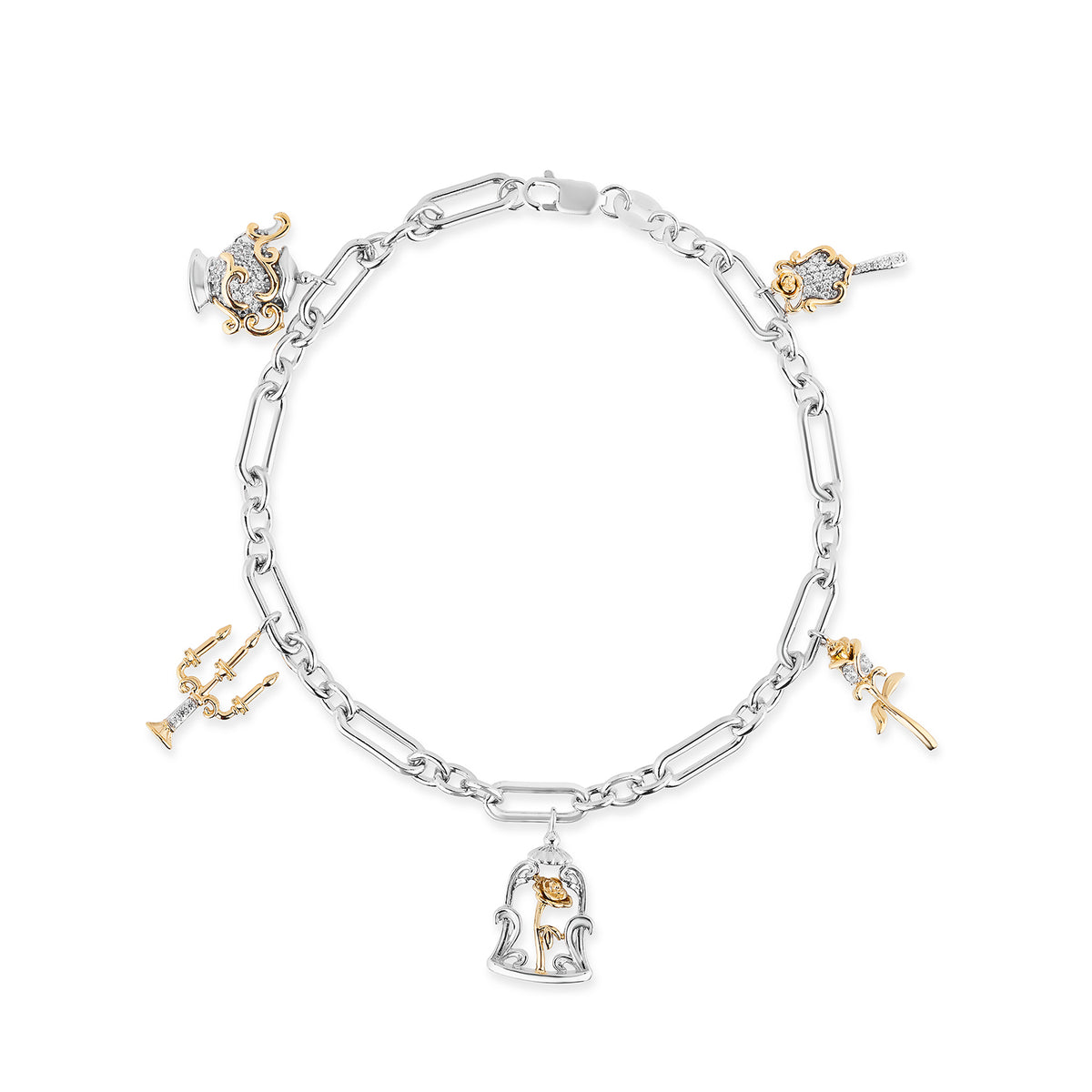 Enchanted Disney Fine Jewelry Sterling Silver and 10K Yellow Gold 1 6 CTTW Diamond Belle 30th Charm Bracelet