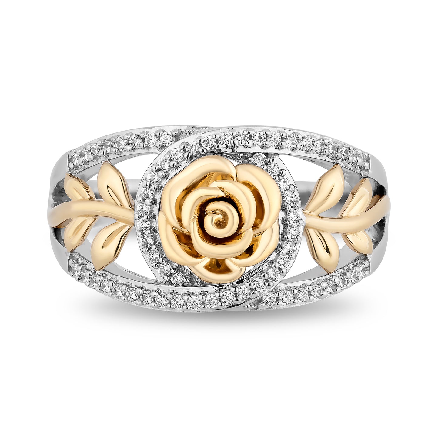 Enchanted Disney Fine Jewelry Sterling Silver and 10K Yellow Gold with 1/5 CTTW Diamond Belle Rose Ring