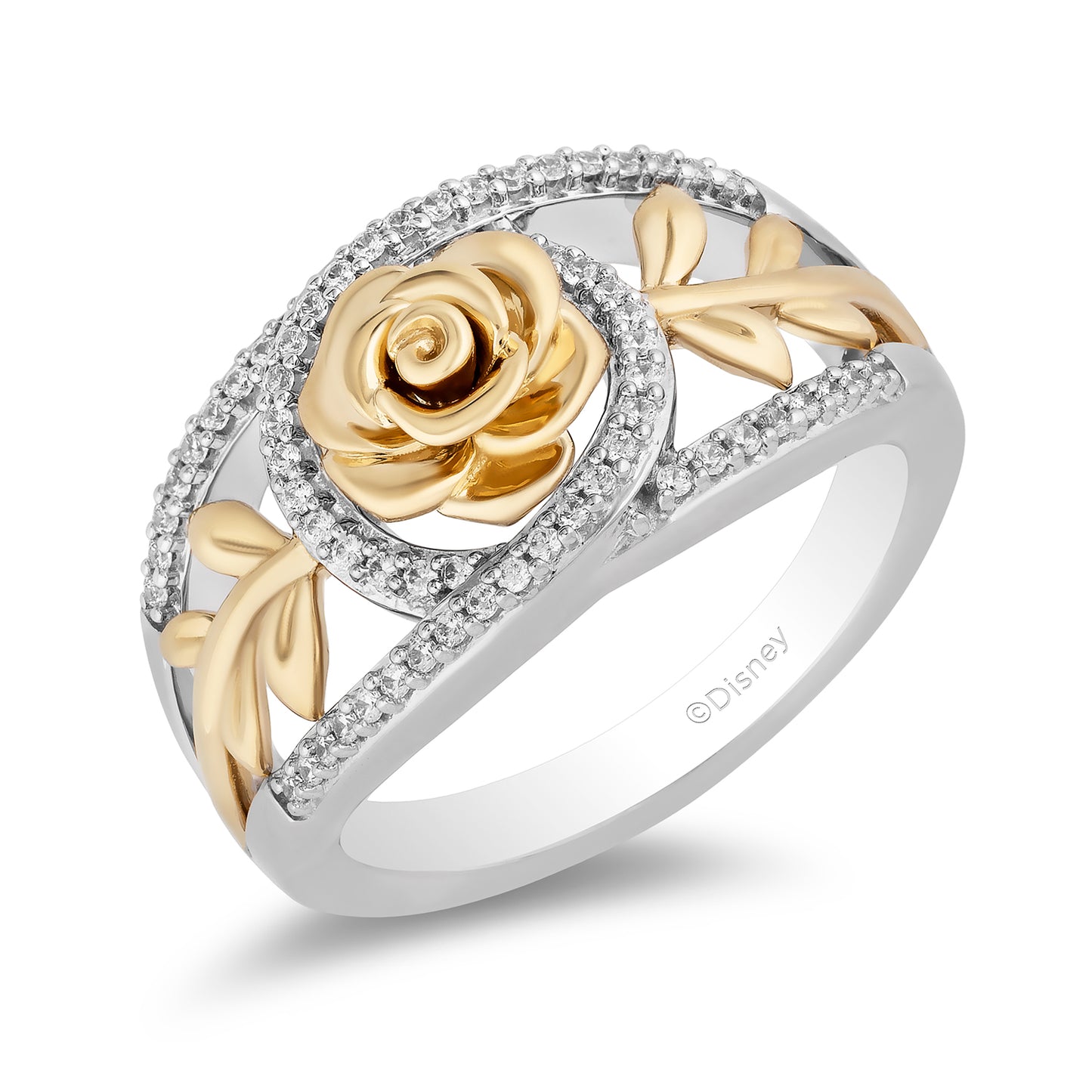 Enchanted Disney Fine Jewelry Sterling Silver and 10K Yellow Gold with 1/5 CTTW Diamond Belle Rose Ring