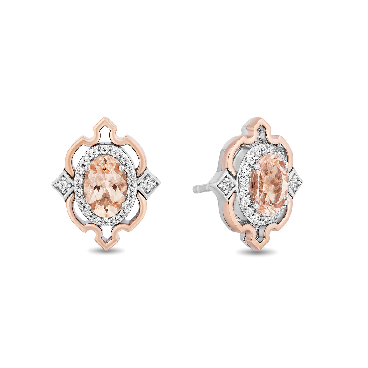 Enchanted Disney Fine Jewelry Sterling Silver and 10K Rose Gold with 1 6 CTTW Diamond and Morganite Aurora Stud Earrings