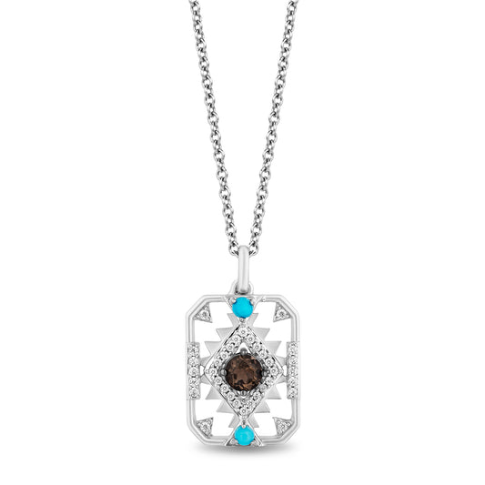 Disney Pocahontas Inspired Diamond with Smokey Quartz and Turquoise Necklace Pendant in Sterling Silver 1/8 CTTW View 1