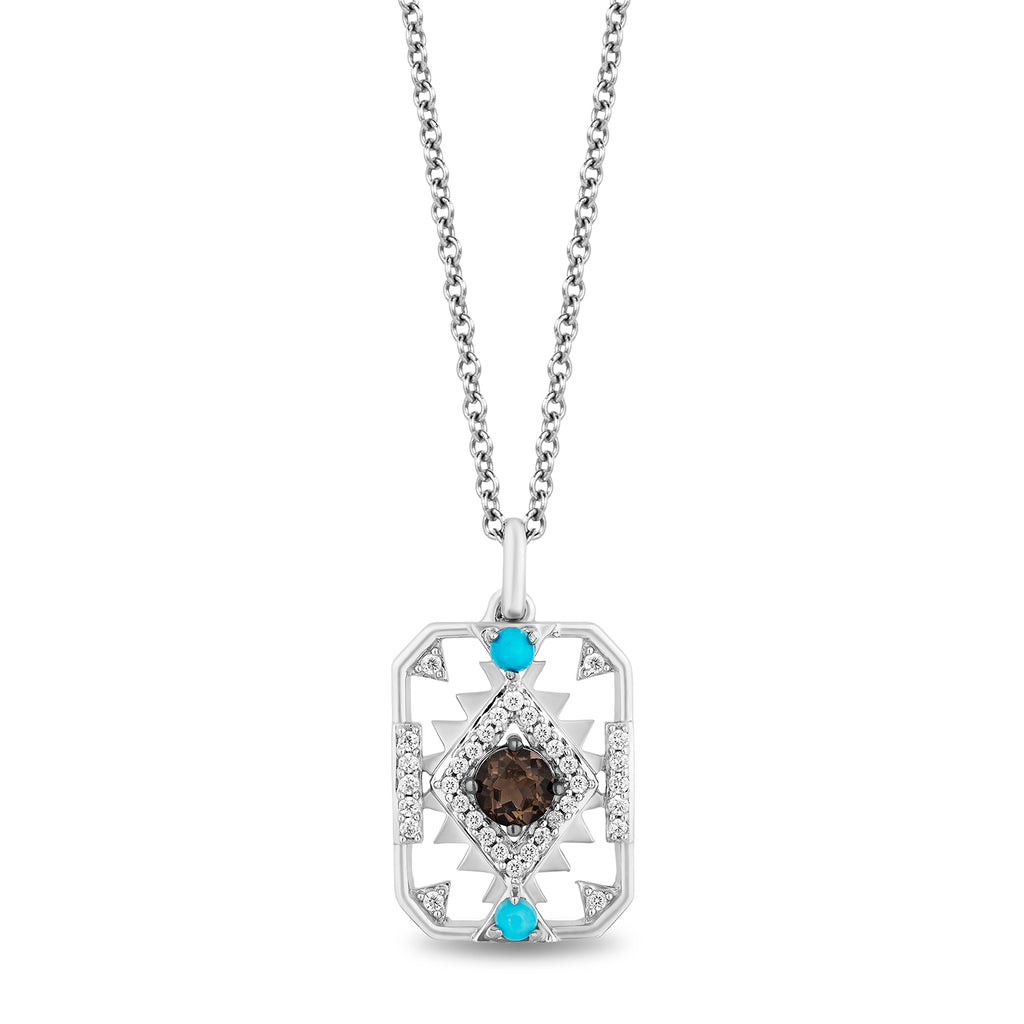 Disney Pocahontas Inspired Diamond with Smokey Quartz and Turquoise Necklace Pendant in Sterling Silver 1 8 CTTW Enchanted Disney Fine Jewelry