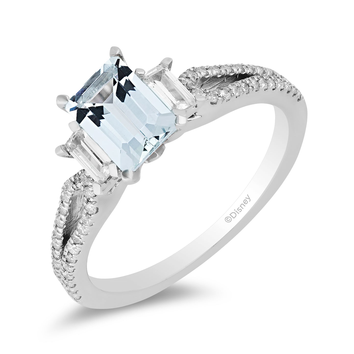 Enchanted Disney Fine Jewelry 10K White Gold with 3/8 CTTW Round and Baguette Diamond and Aquamarine Elsa Engagement Ring